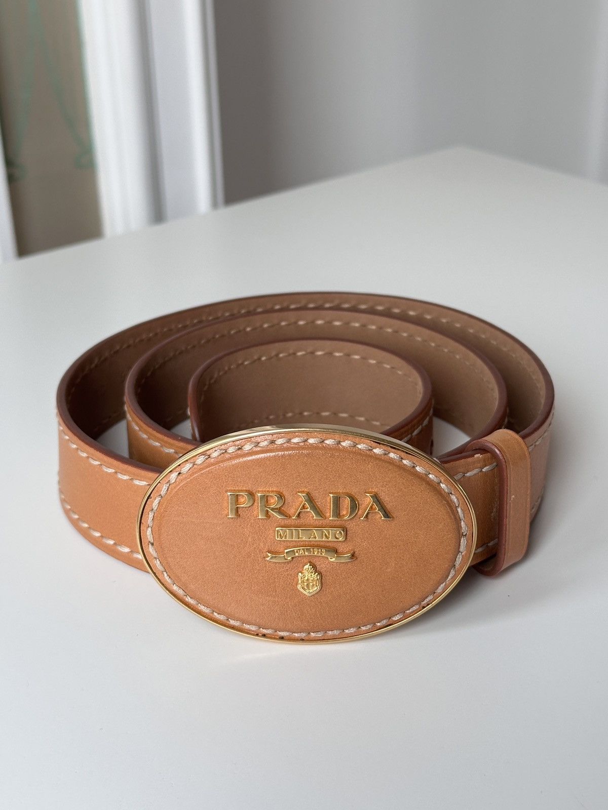 PRADA Logo Light Brown Mens Belt Gold Tone Size: 32-34 Y2K