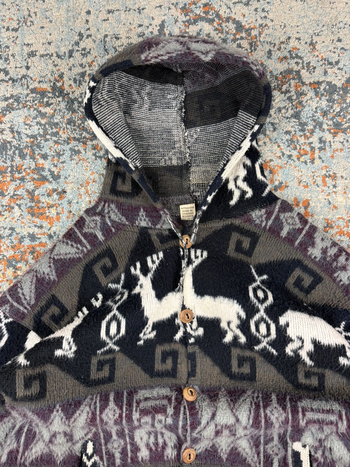 Handmade × Vintage Vintage 90s Andes handmade fuzzy knit sweater hoodie Size US L / EU 52-54 / 3 - 9 Thumbnail