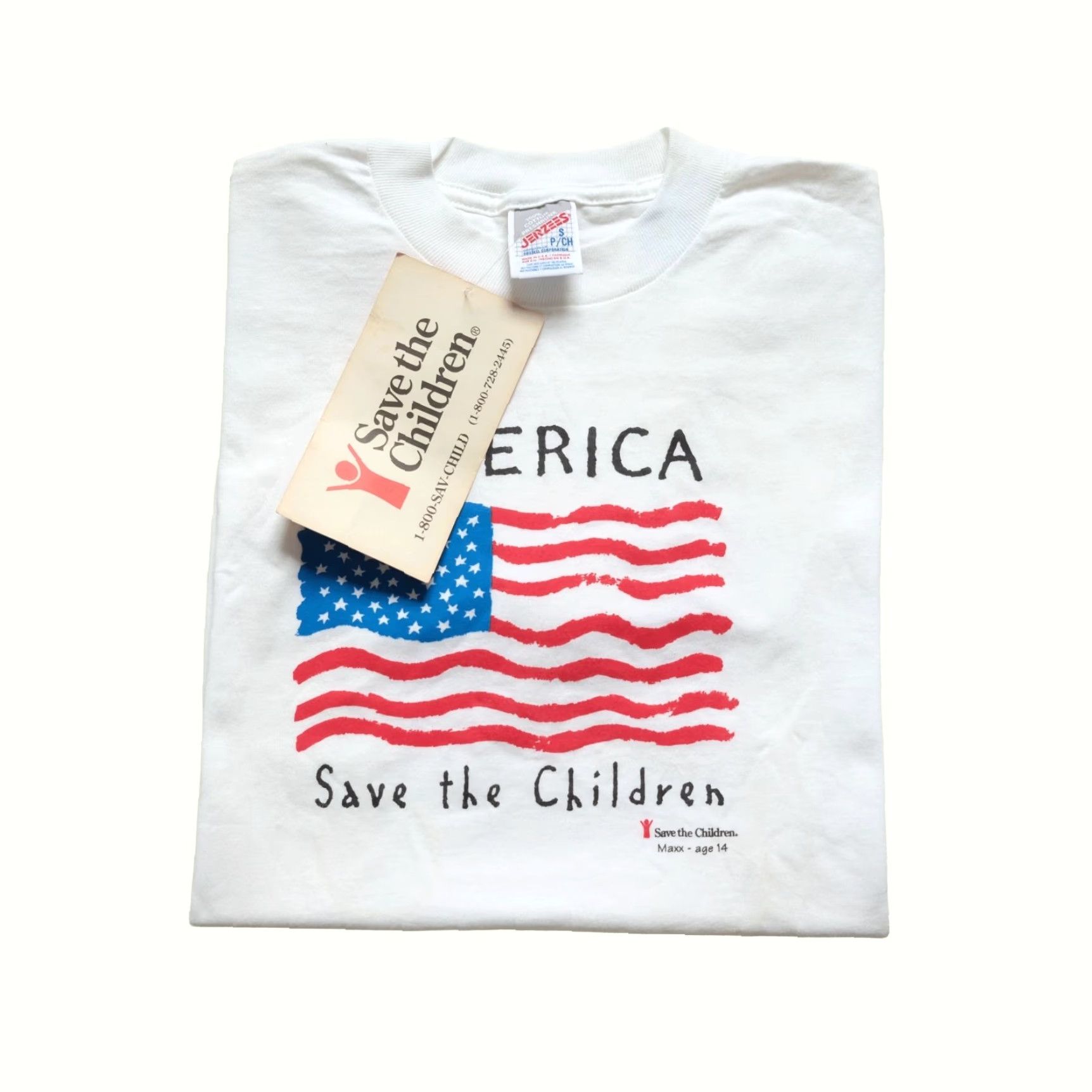 Jerzees VINTAGE JERZEES T-SHIRT White Cotton GRAPHIC USA SAVE THE CHILDREN Shirt S Mens Short Sleeve Crew Neck 18" Pit to Pit 28" Length NWT New Size US S / EU 44-46 / 1 - 2 Thumbnail