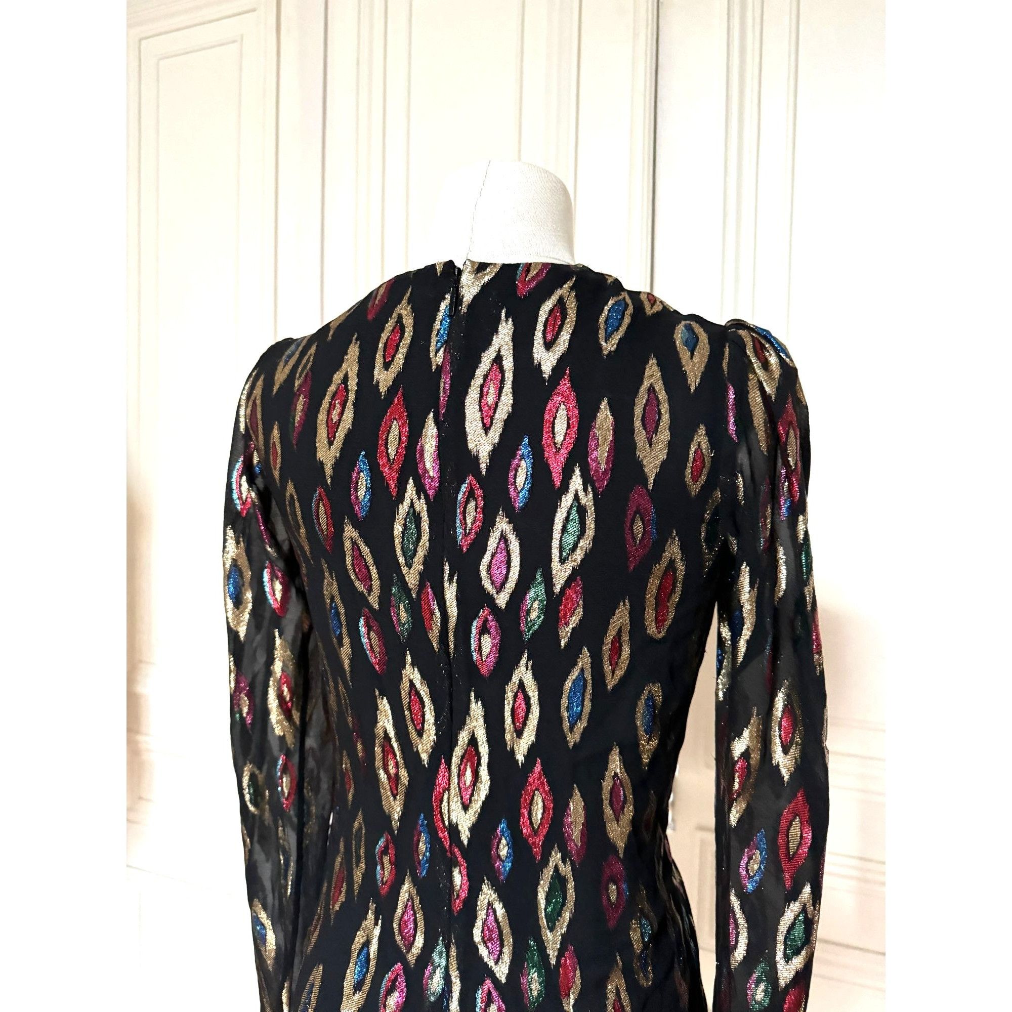 Saint Laurent Paris 2017 Peacock Pattern Silk Lurex Short Dress Size XS / US 0-2 / IT 36-38 - 5 Thumbnail