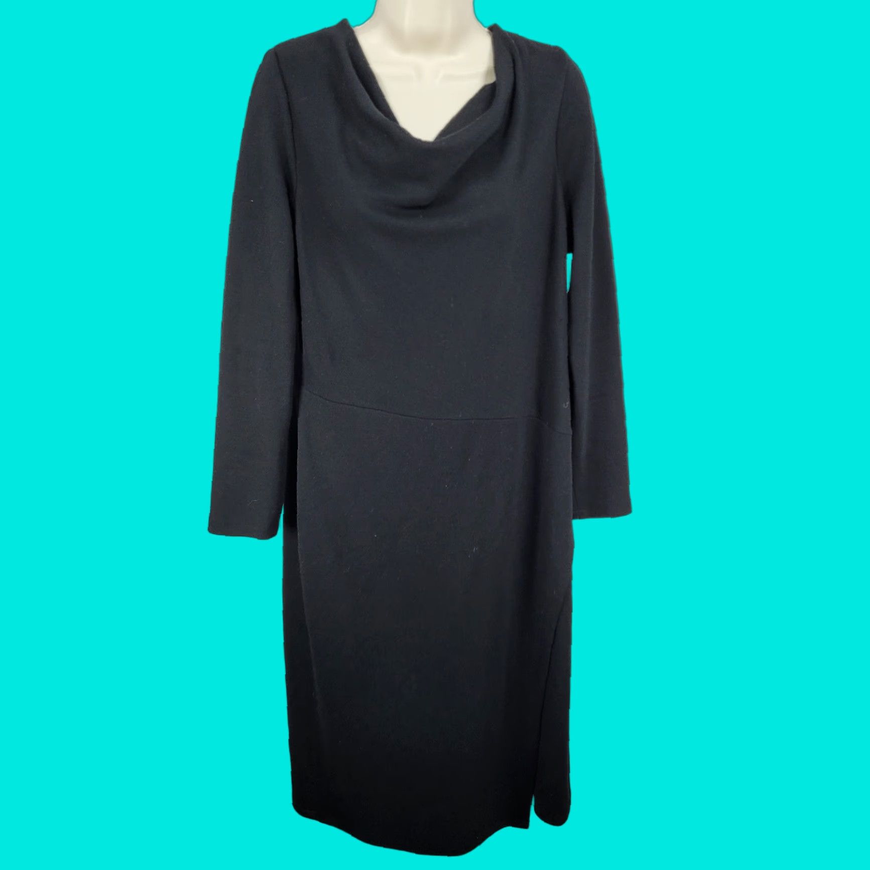 Vintage Lafayette 148 Black 100% Wool Dress Long Sleeve Cowl Neck Side Slit Size 12 Size XL / US 12-14 / IT 48-50 - 1 Thumbnail