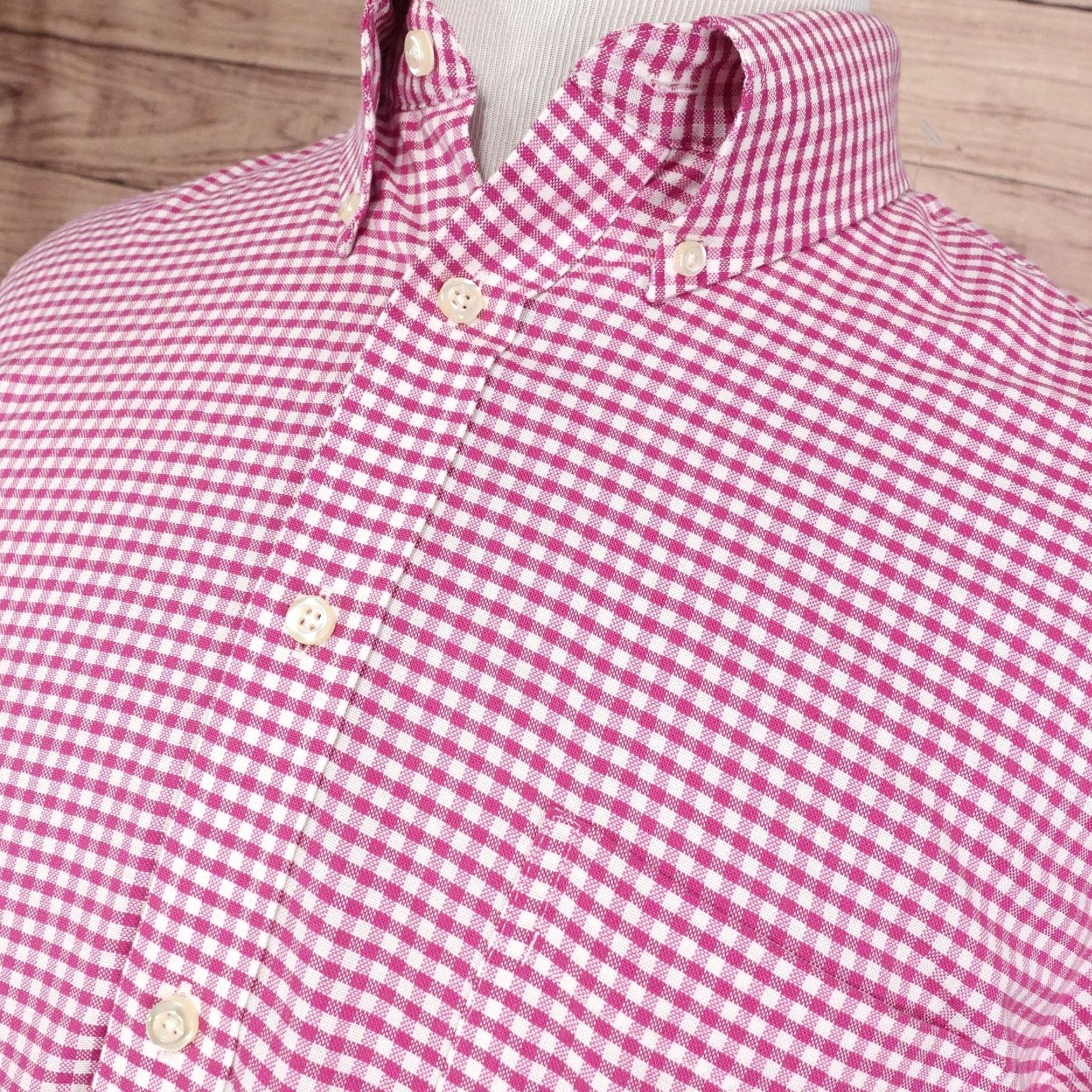Stafford Stafford Dress Shirt Mens 16.5 32/33 Pink Gingham Slim Fit Wrinkle Free Oxford Button-Down Collar Size 46R - 2 Thumbnail