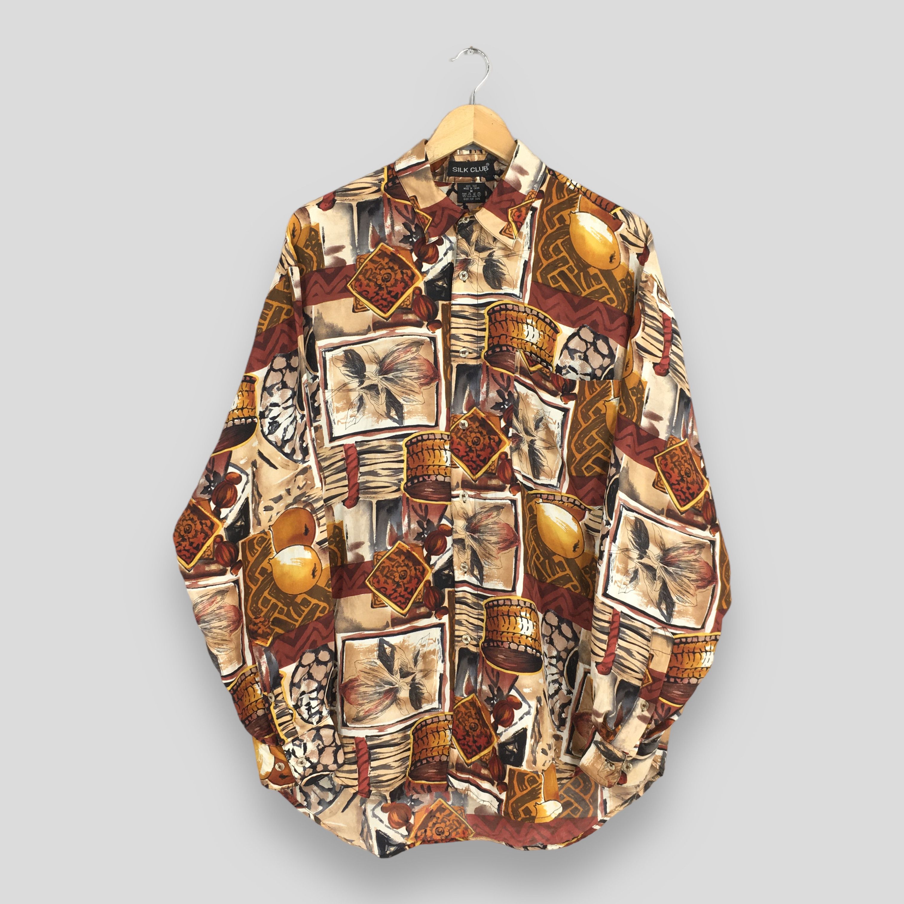 Vintage Abstract Pattern Multicolor Funky Retro Silk Shirt M