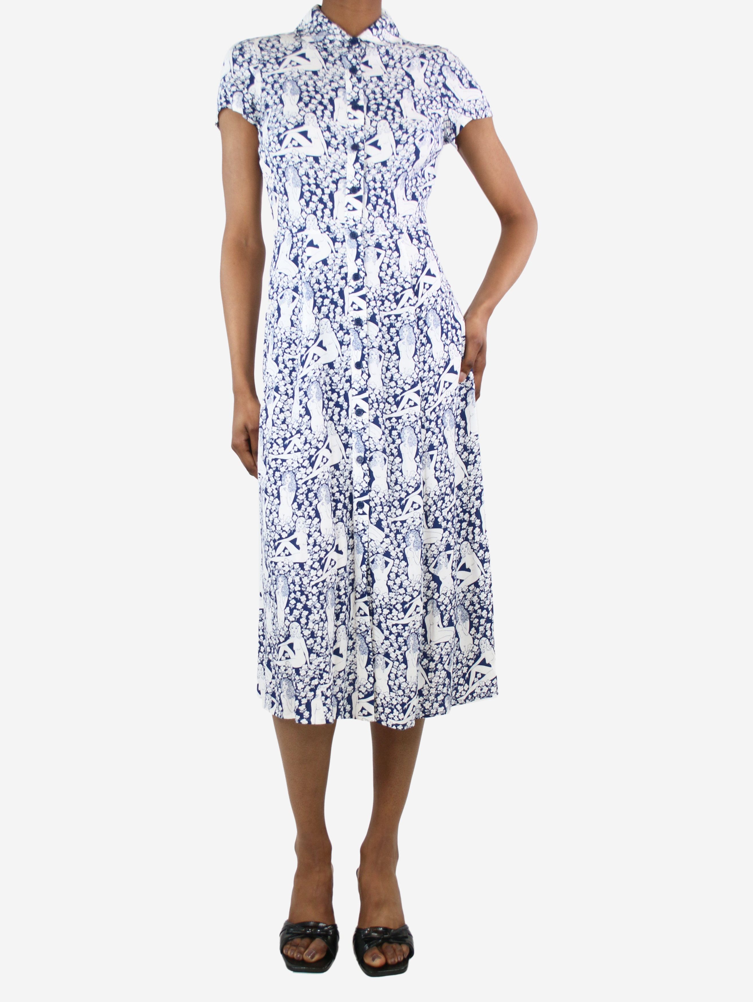 Image of Reformation Blue Short-Sleeved Printed Midi Dress - Size Uk 6, Women's