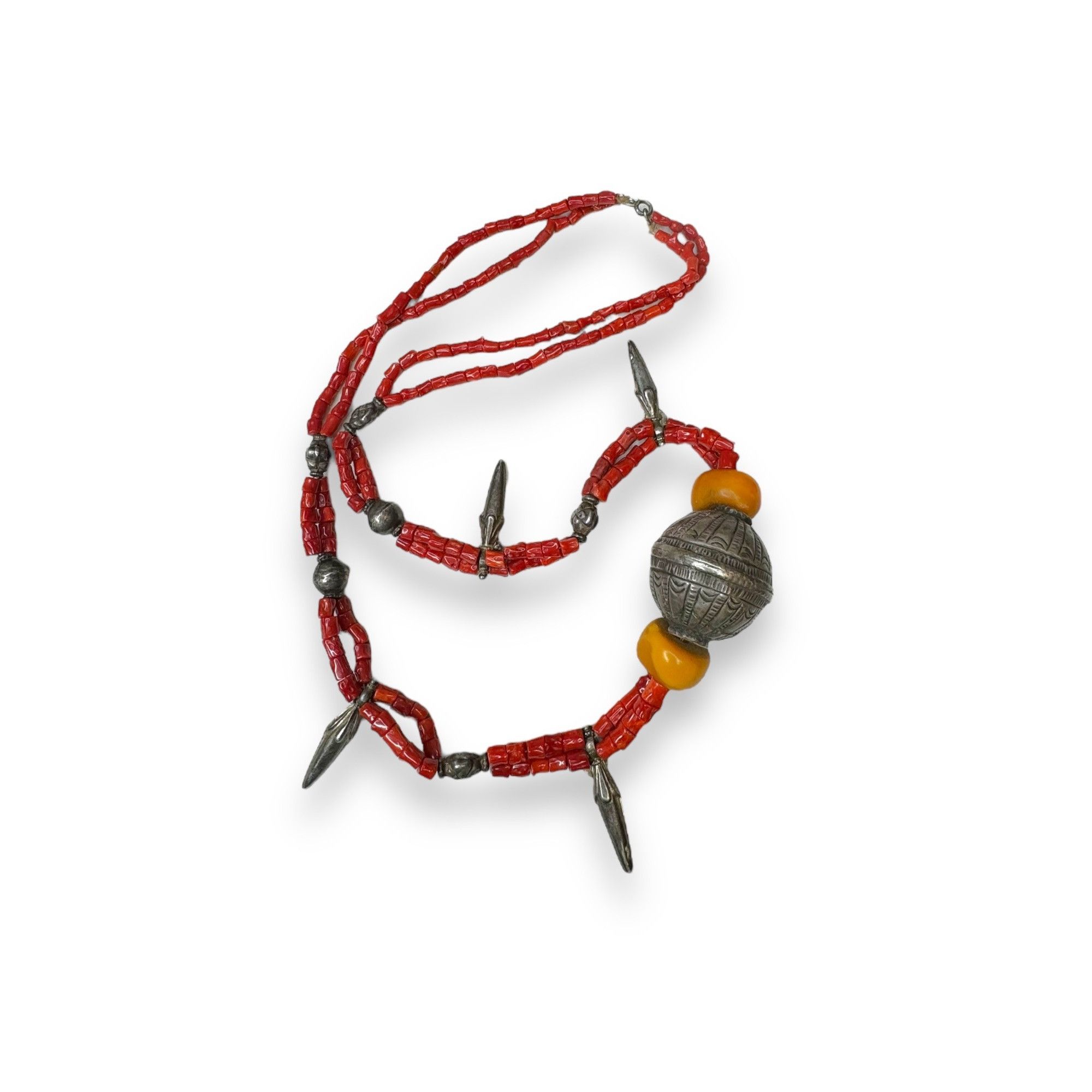 Other Antique Tribal Necklace Sterling Amber Coral Beads 30" State Size ONE SIZE - 2 Thumbnail