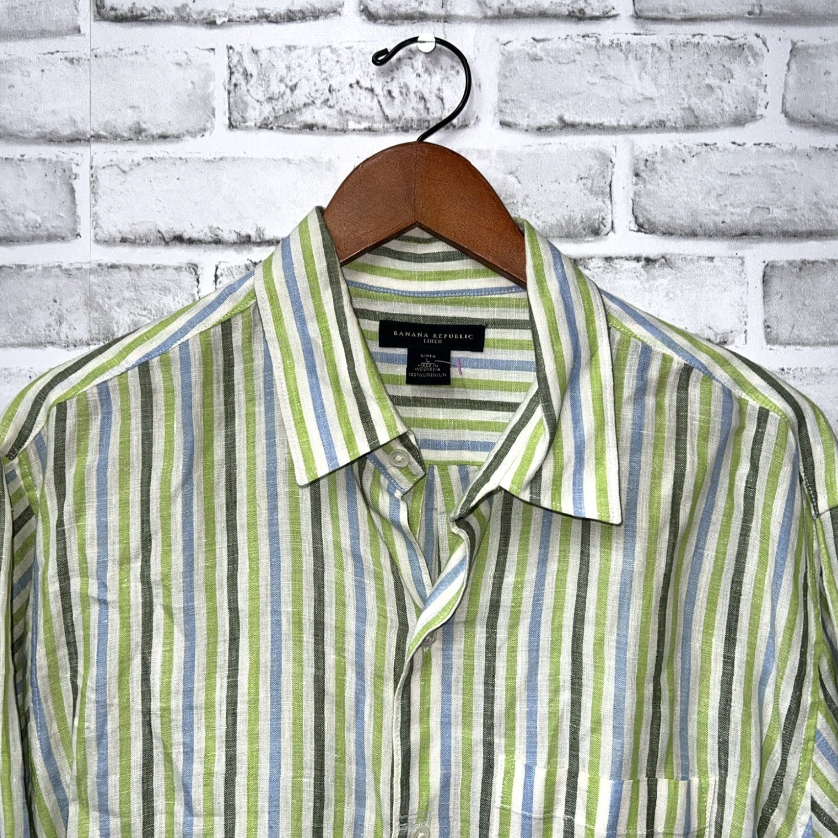 Banana Republic Banana Republic 100% Linen Green Striped Button-Up Shirt Men’s L Long Sleeve Size US L / EU 52-54 / 3 - 2 Thumbnail