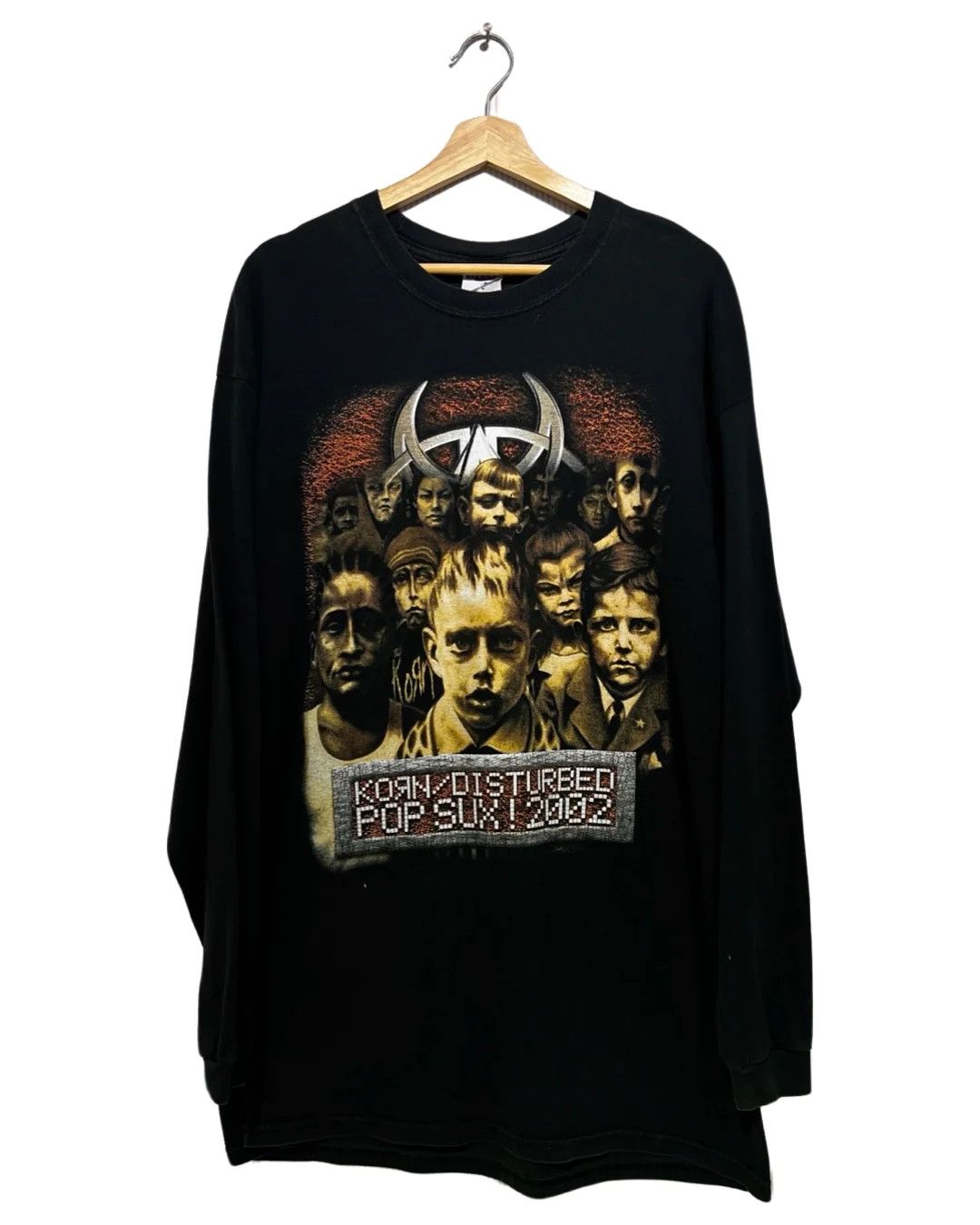 image of Band Tees x Rock T Shirt Vintage 2002 Korn X Disturbed Pop Sux Long Sleeve Tour Tee in Black (Size 