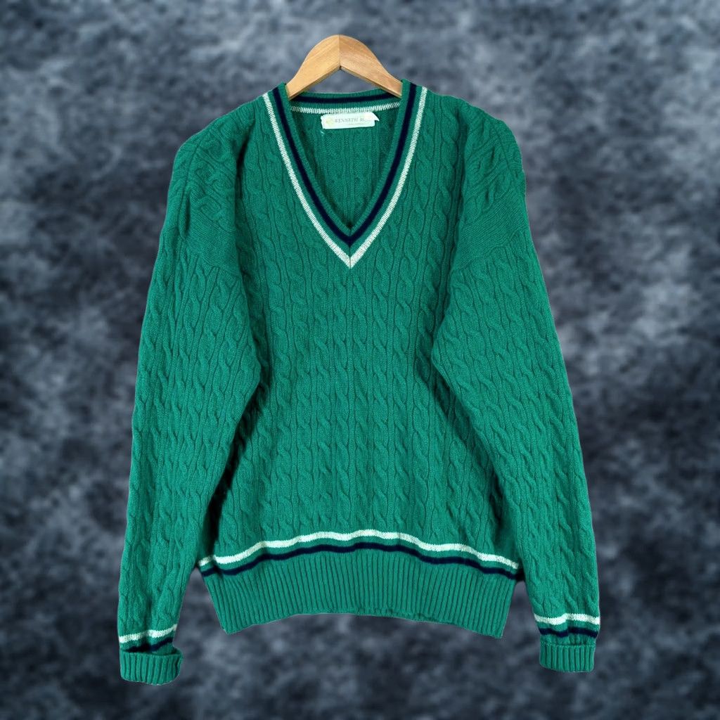 Vintage VINTAGE Kenneth Ross Cricket Sweater Men M Green Wool Knit Cable-Knit V-Neck 80s Scotland Pullover Size US M / EU 48-50 / 2 - 1 Thumbnail