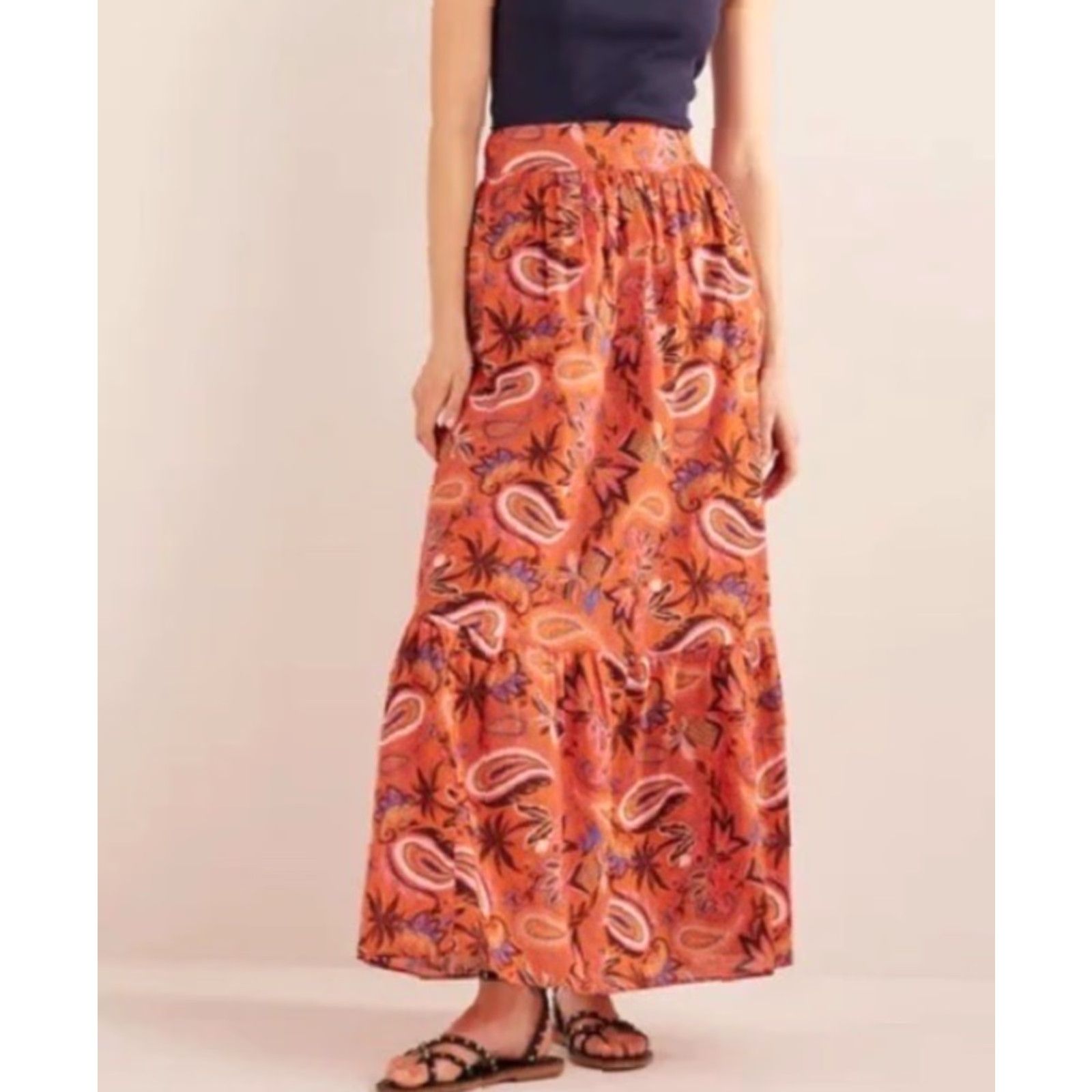 Boden Boden Tiered Maxi Skirt Women’s 8L Long Orange Paisley Cotton Boho Maxi Skirt USA 8L Womens Size 30" / US 8 / IT 44 - 2 Thumbnail