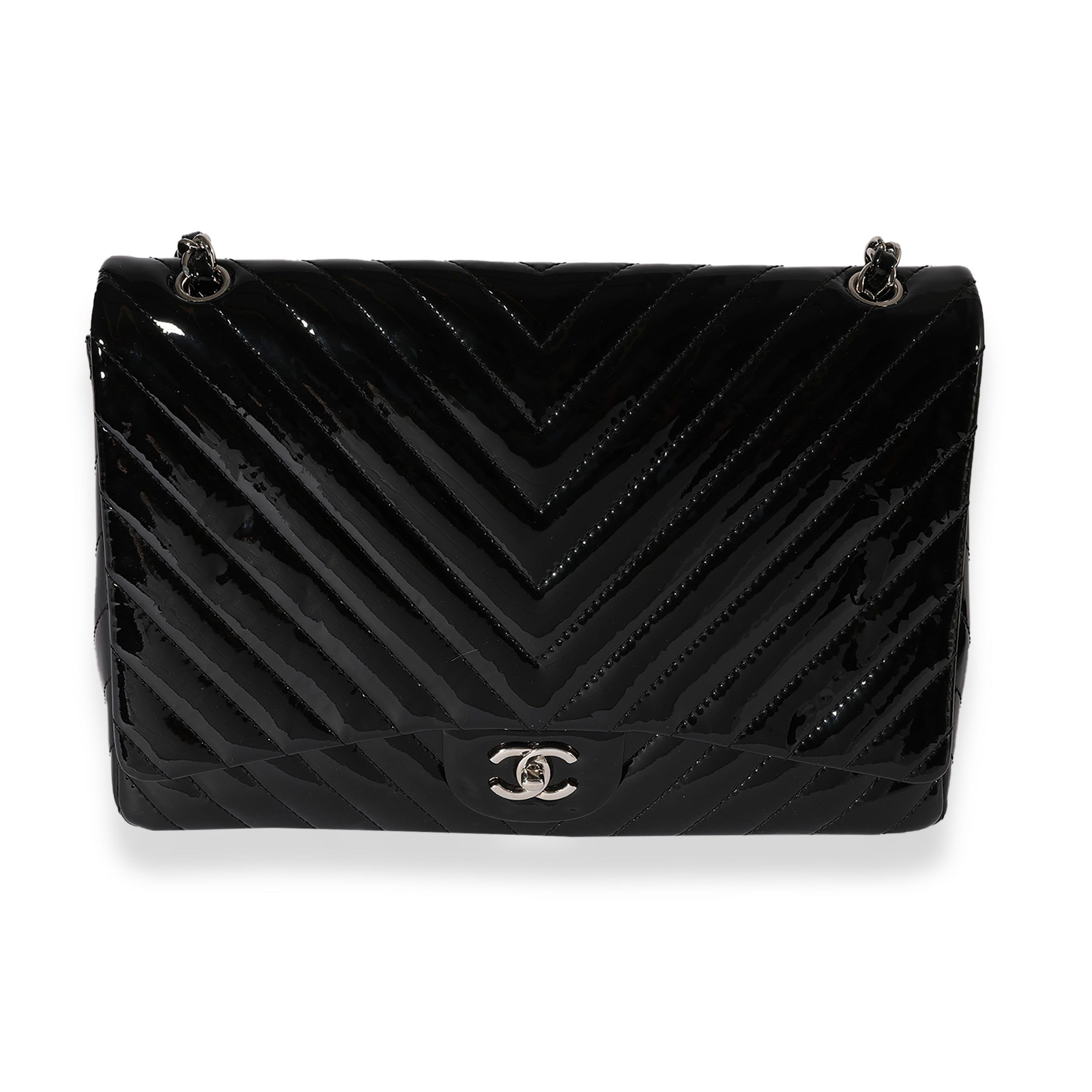image of Chanel Black Patent Leather Chevron Quilted Maxi Classic Single Flap Bag, Women's