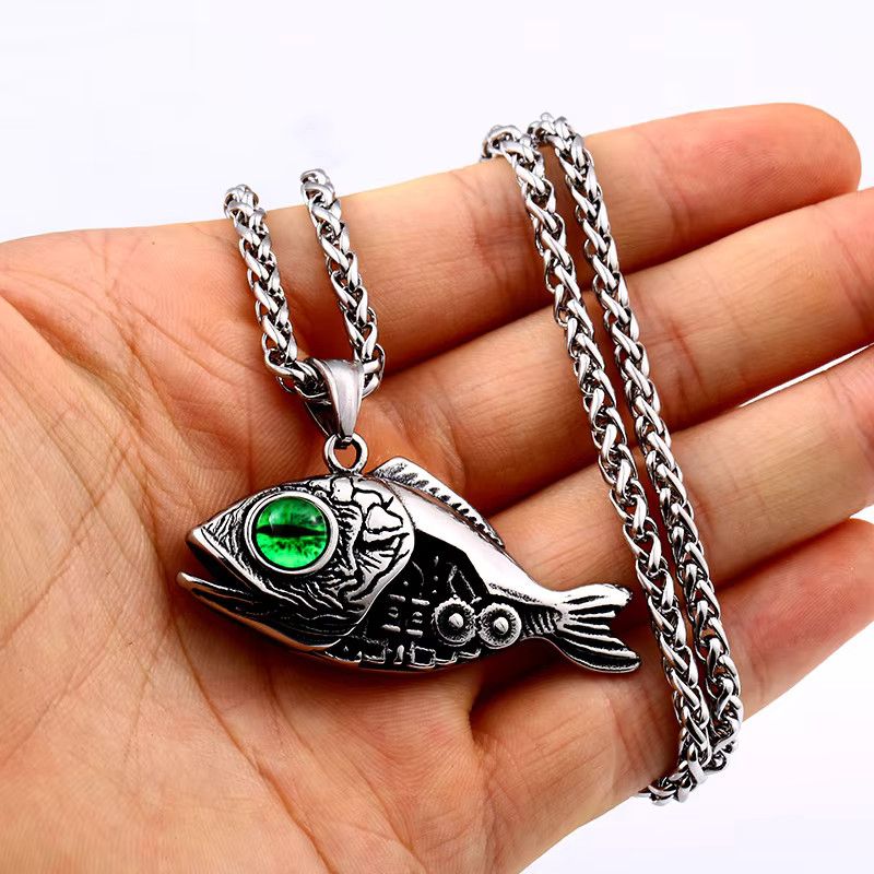 Jewelry Fish Bones Green Evil Eyes Pendant Necklace Goth Jewelry Y2K Size ONE SIZE - 4 Thumbnail