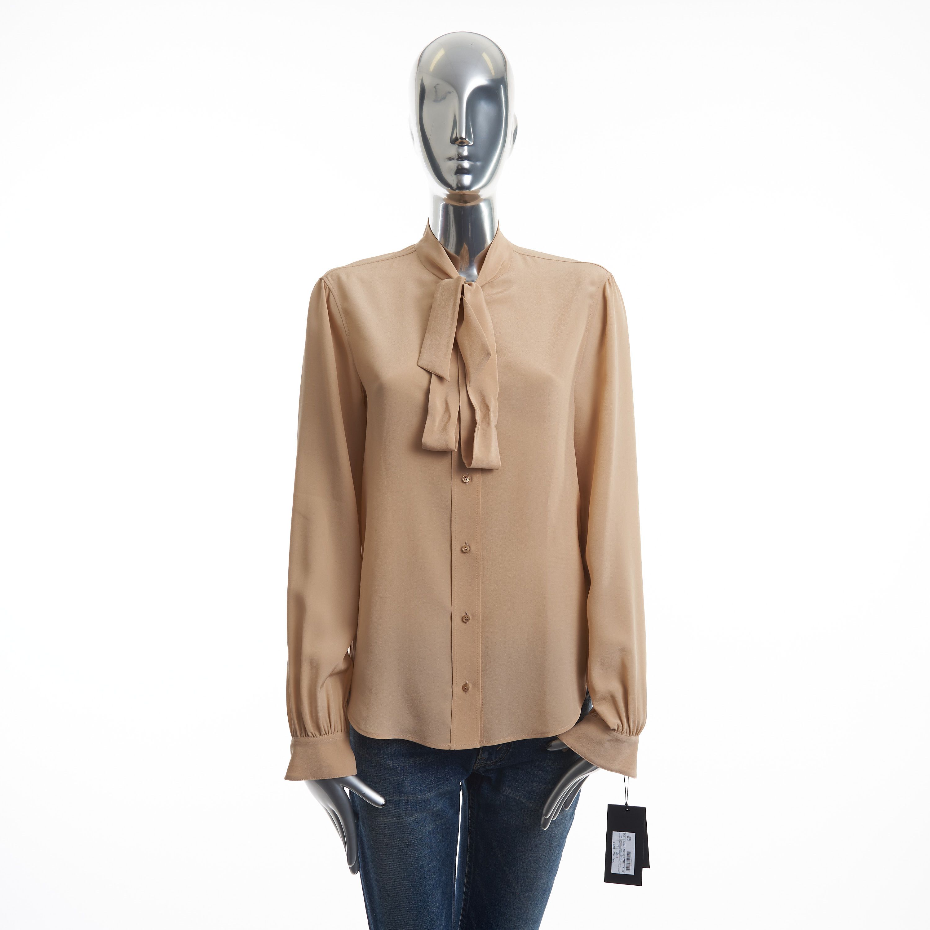 image of Saint Laurent Paris Beige Tie-Neck Button Down Silk Blouse, Women's (Size Medium)