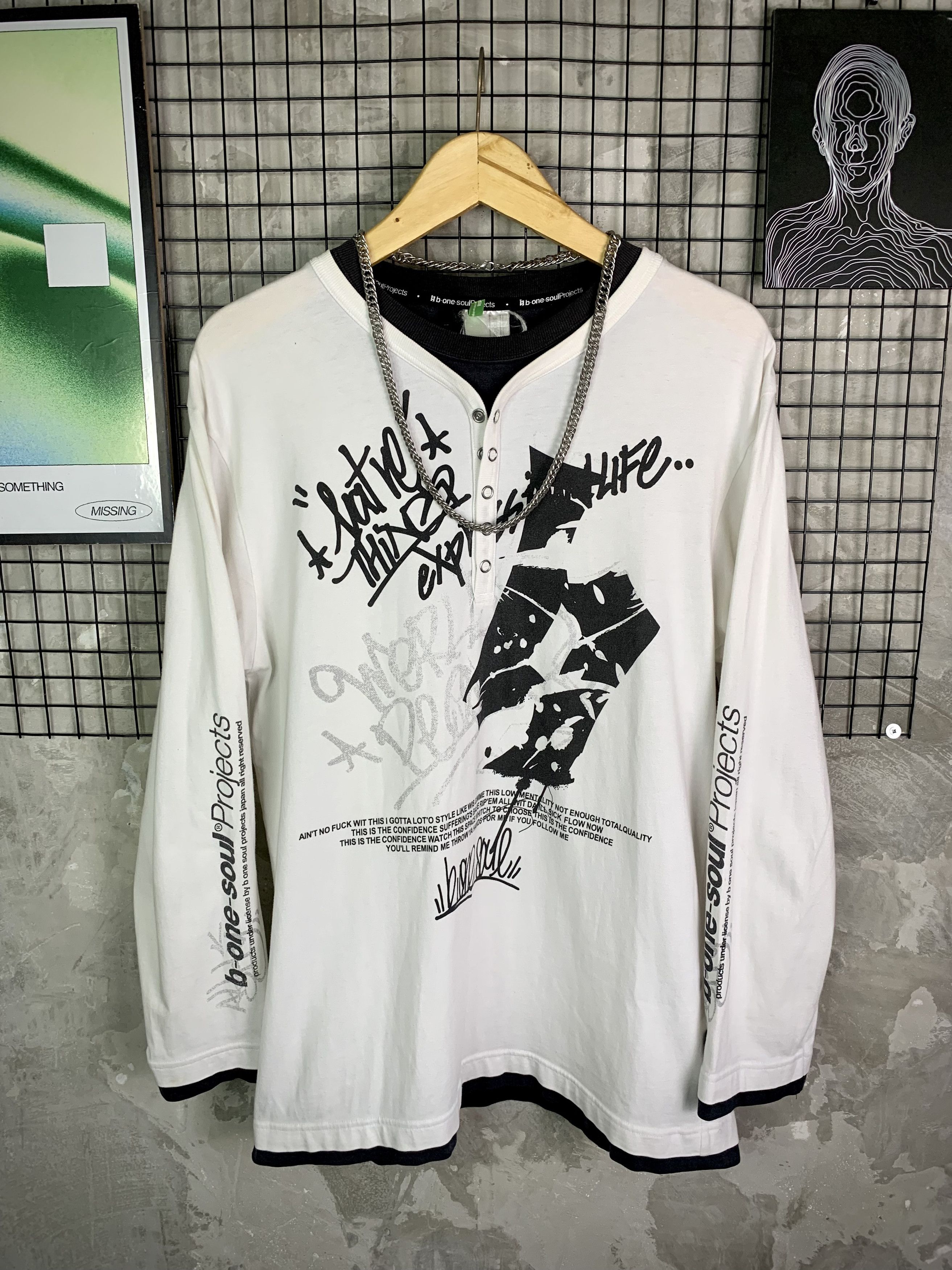 Japanese Brand Y2K B-One-Soul Projects Grunge White Poem Henley LongSleeve Size US L / EU 52-54 / 3 - 1 Thumbnail