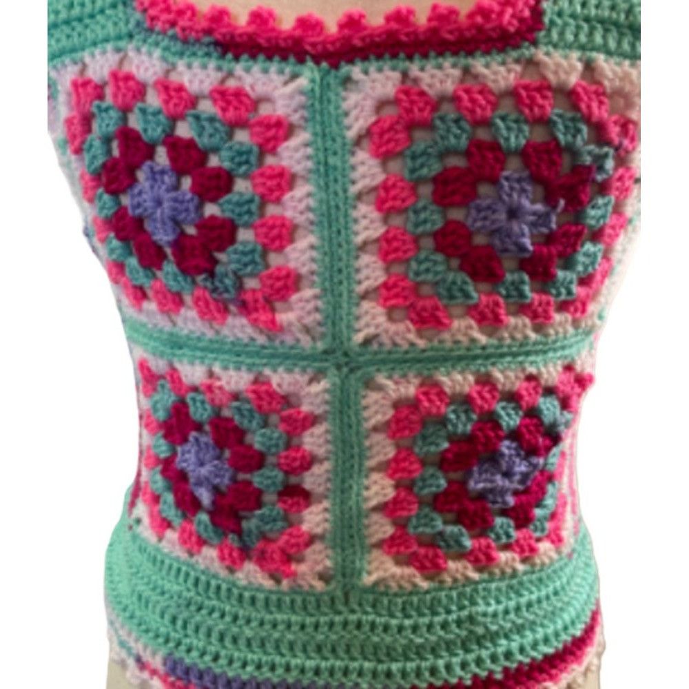 Handmade Crochet Vest Tank Top Retro 70's Hippie Granny Square Rib Ti Size ONE SIZE - 4 Thumbnail