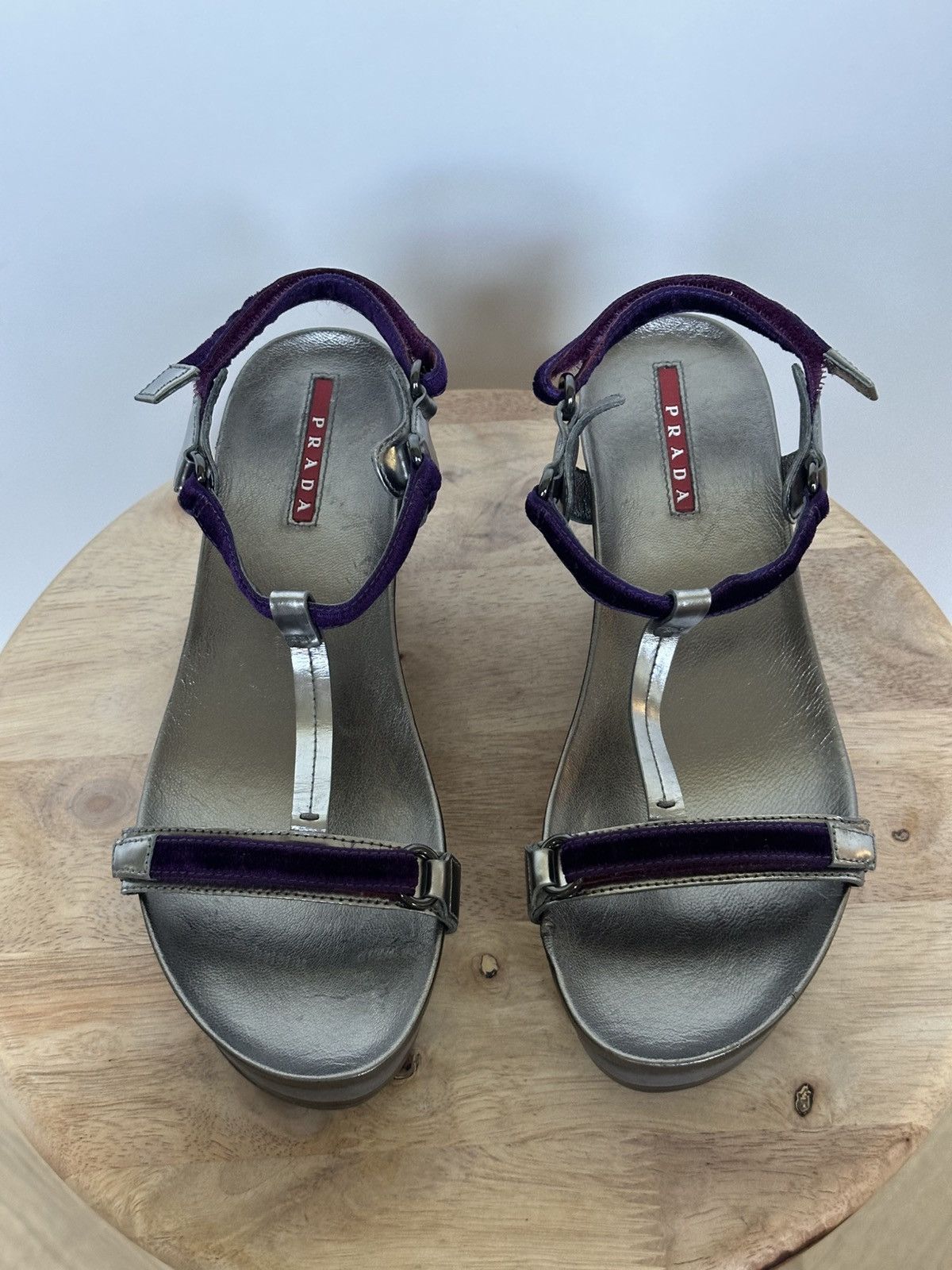 Prada Prada wedge sandals leather velvet grey / purple with box Size US 6 / IT 36 - 8 Thumbnail