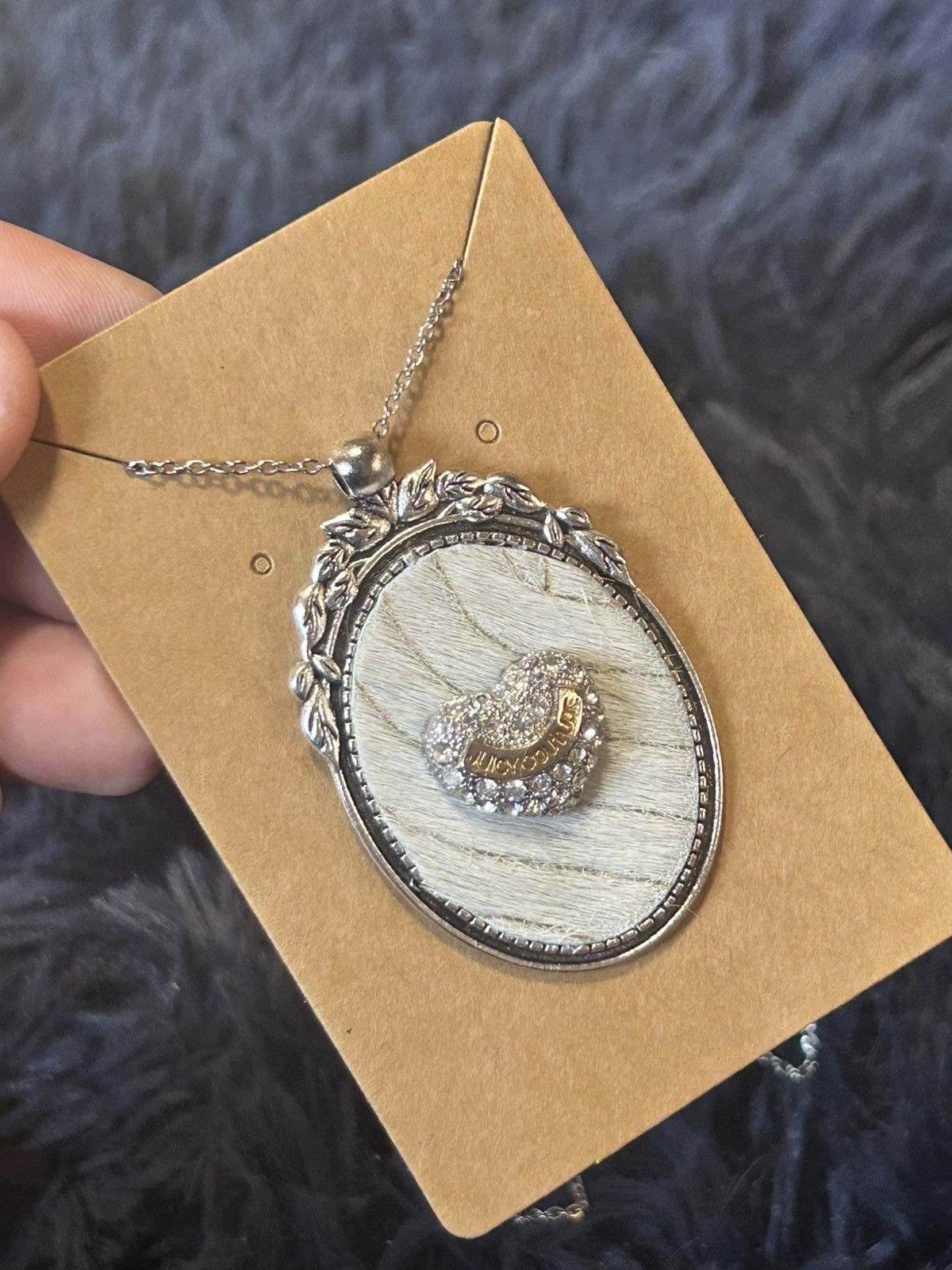 Handmade Handcrafted cowhide pave heart cameo pendant necklace Size ONE SIZE - 1 Thumbnail