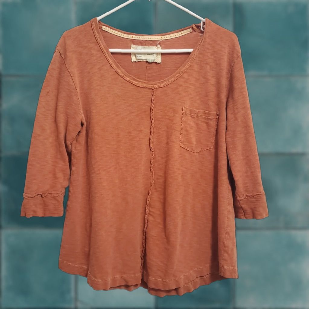 Anthropologie VINTAGE Saturday/Sunday Top Women M Orange 3/4 Sleeve Round Neck Boxy Bohemian Knit Cotton Slit Pocket Mens? Wait. Size M / US 6-8 / IT 42-44 - 1 Thumbnail