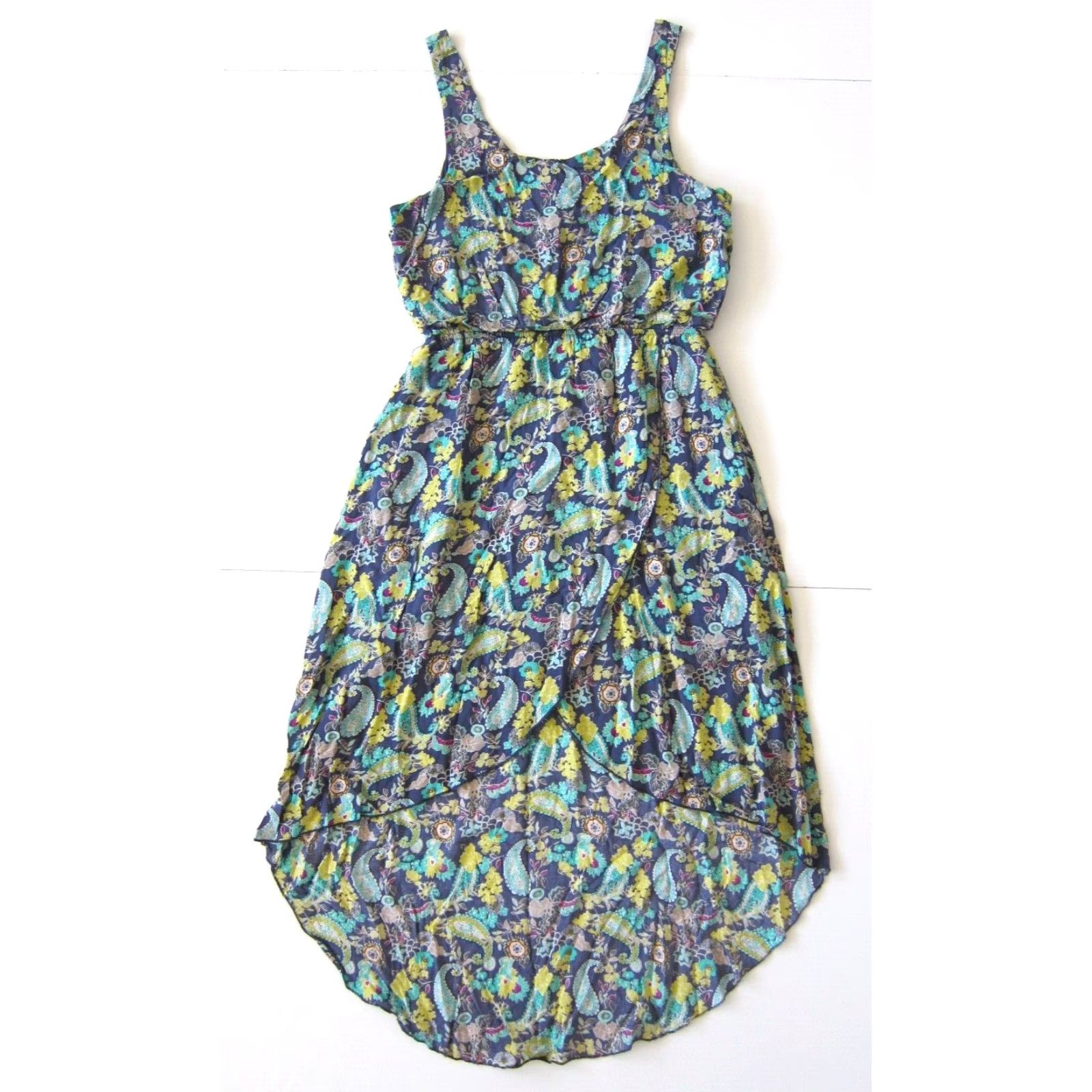 Vintage Mudd 100% Rayon Blue Grey Yellow Paisley Floral Jumper Tank High Low Dress M Size M / US 6-8 / IT 42-44 - 2 Thumbnail
