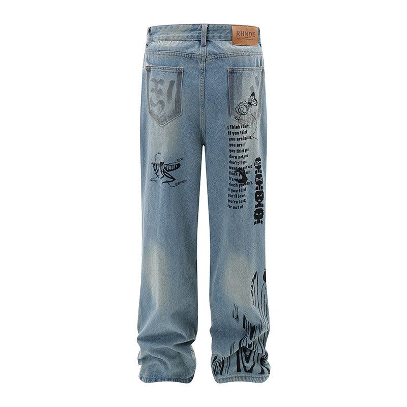 Jean American retro graffiti print ripped jeans for men Size US 32 / EU 48 - 2 Thumbnail