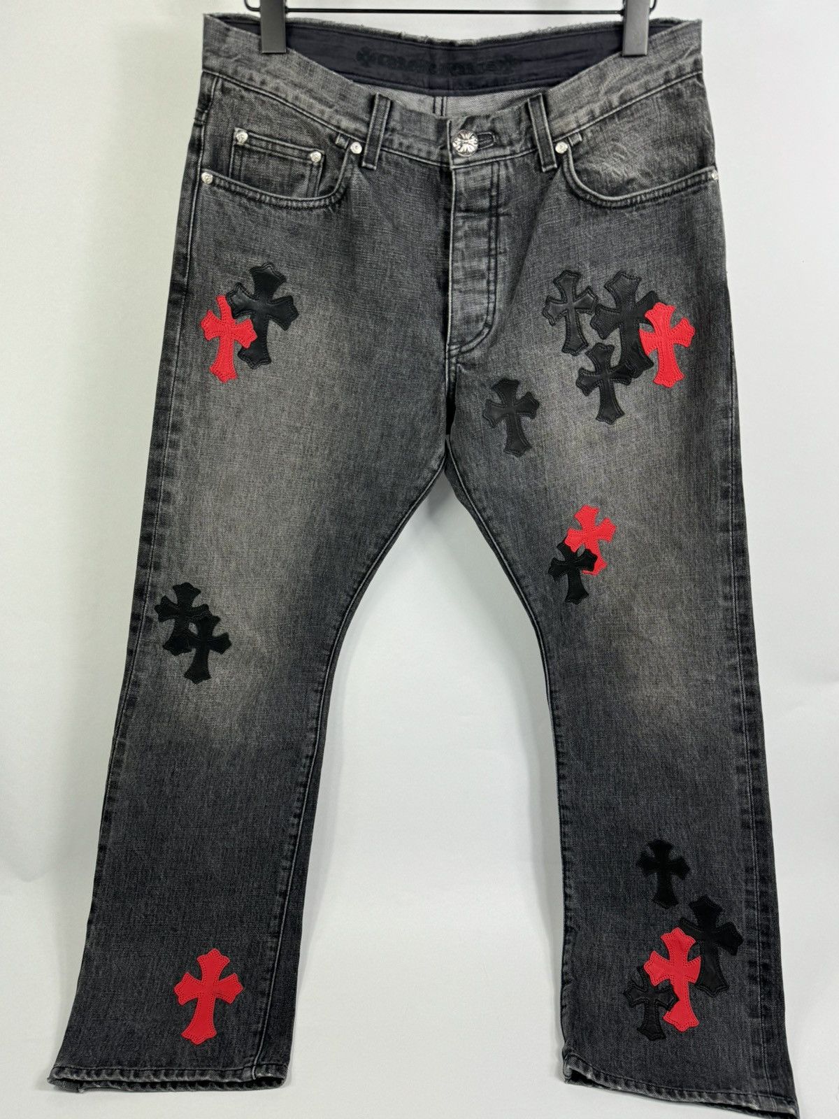 Image of Chrome Hearts Red Black Cross Patch Jeans () in Grey, Men's (Size 34)