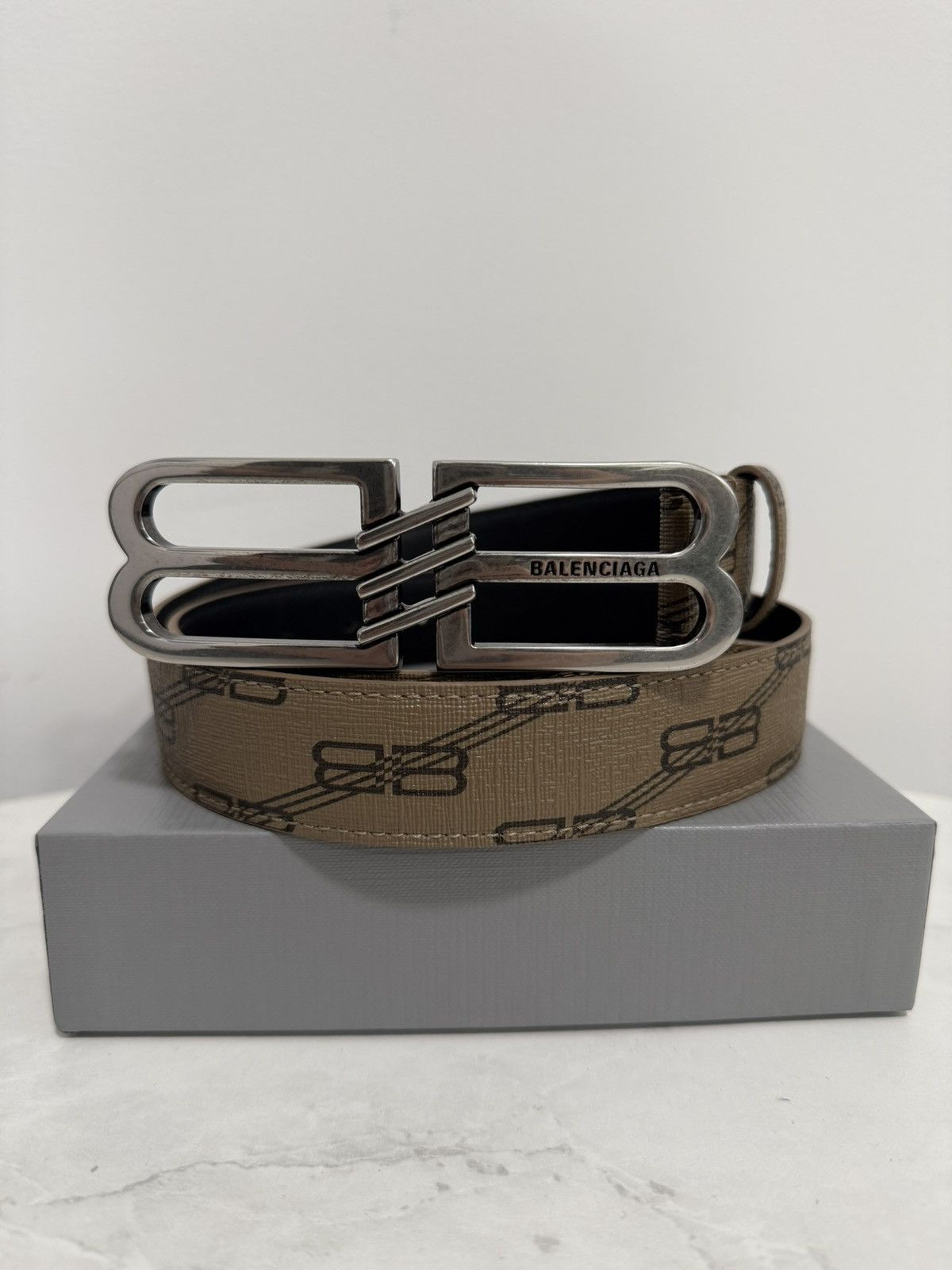 Balenciaga BB Signature 30 Logo Beige Leather Belt Mens