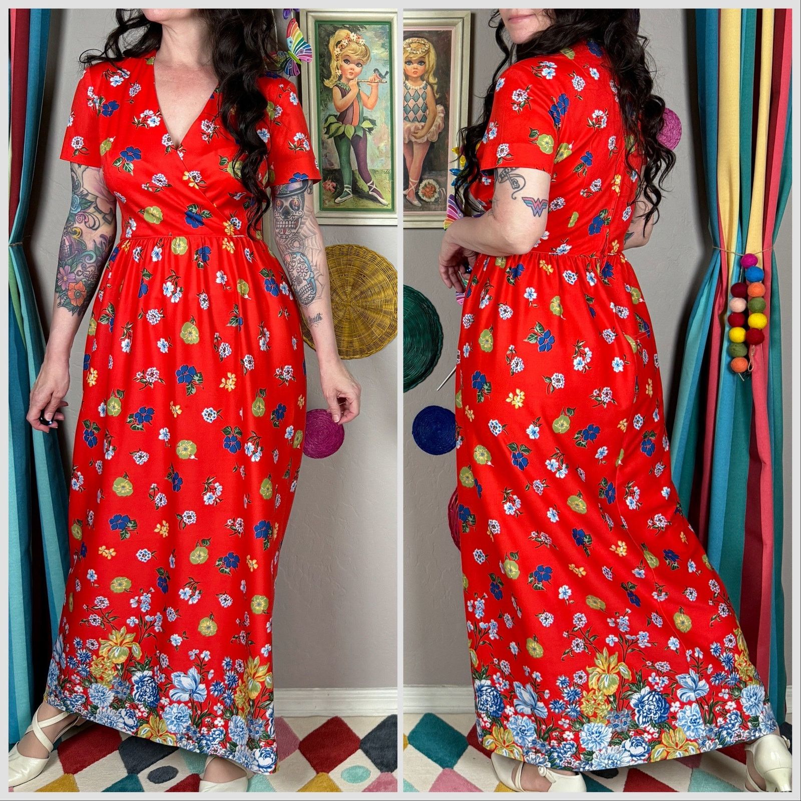 Vintage Vintage 1970s Red Floral Short Sleeve Maxi Dress Size S / US 4 / IT 40 - 3 Thumbnail