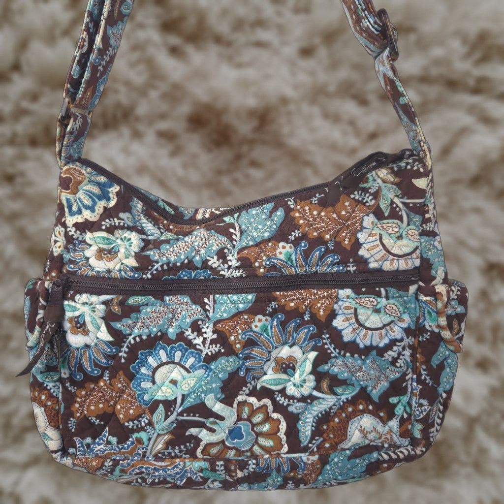 Vera Bradley Purse Brown Blue Quilted On The Go Tote Bag Shoulder Satchel VTG in White, Women's