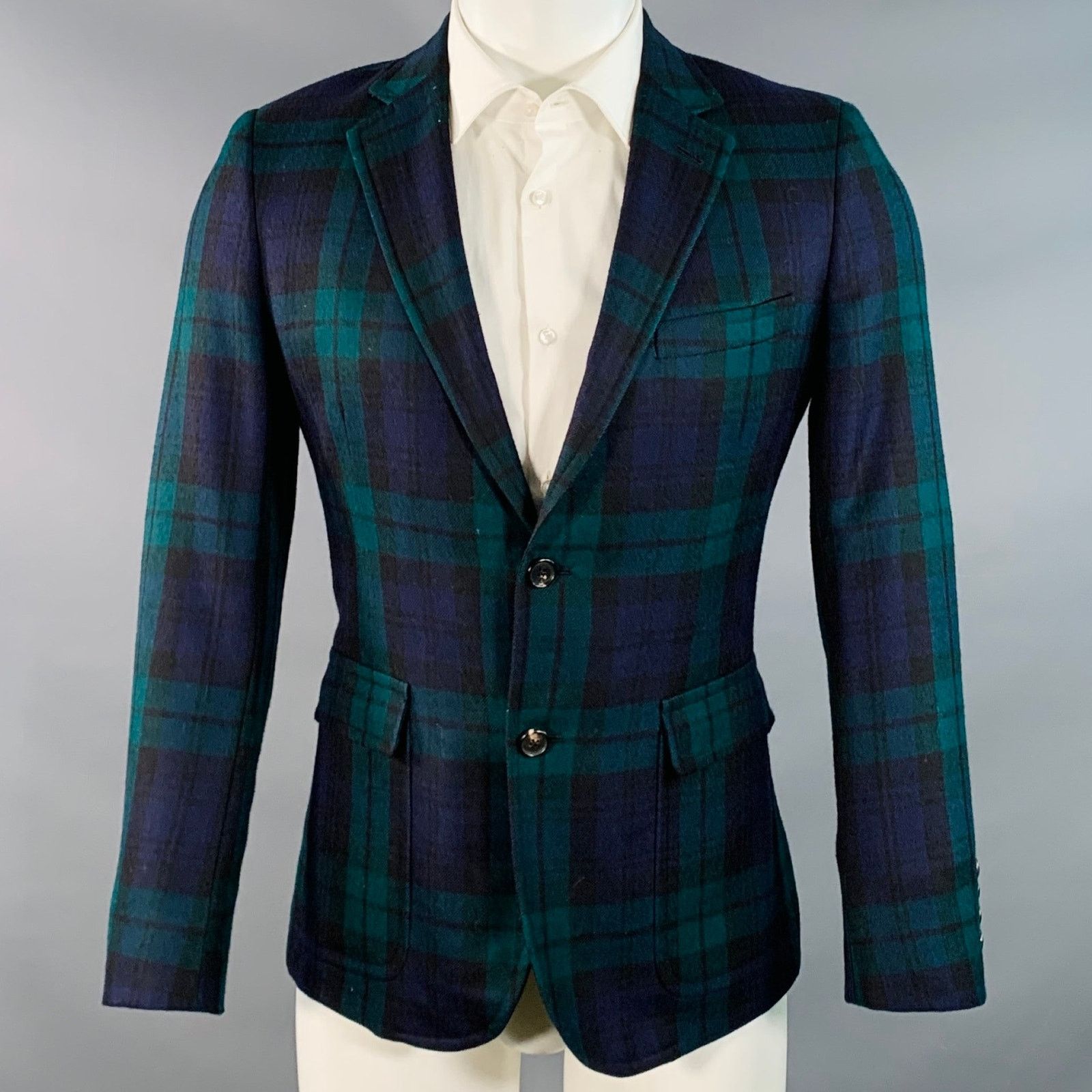 Band Of Outsiders BAND OF OUTSIDERS Green Blue Plaid Wool Twill Lapel Coat Size 40R - 1 Thumbnail