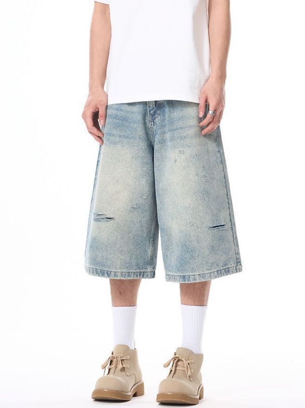 Japanese Brand American ripped men's loose straight-leg baby denim shorts Size US 32 / EU 48 - 2 Thumbnail