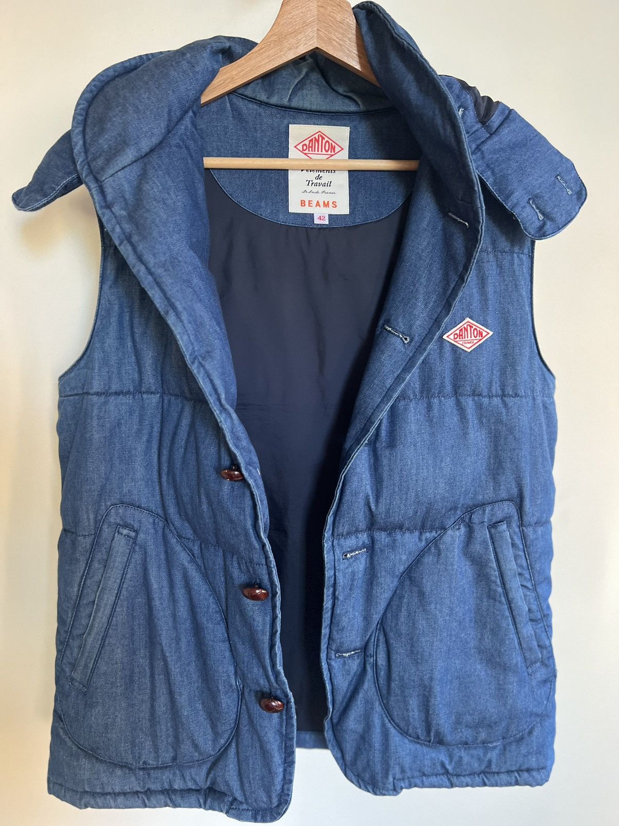 image of Danton X Beams Plus Hooded Vest in Blue, Men's (Size Large)