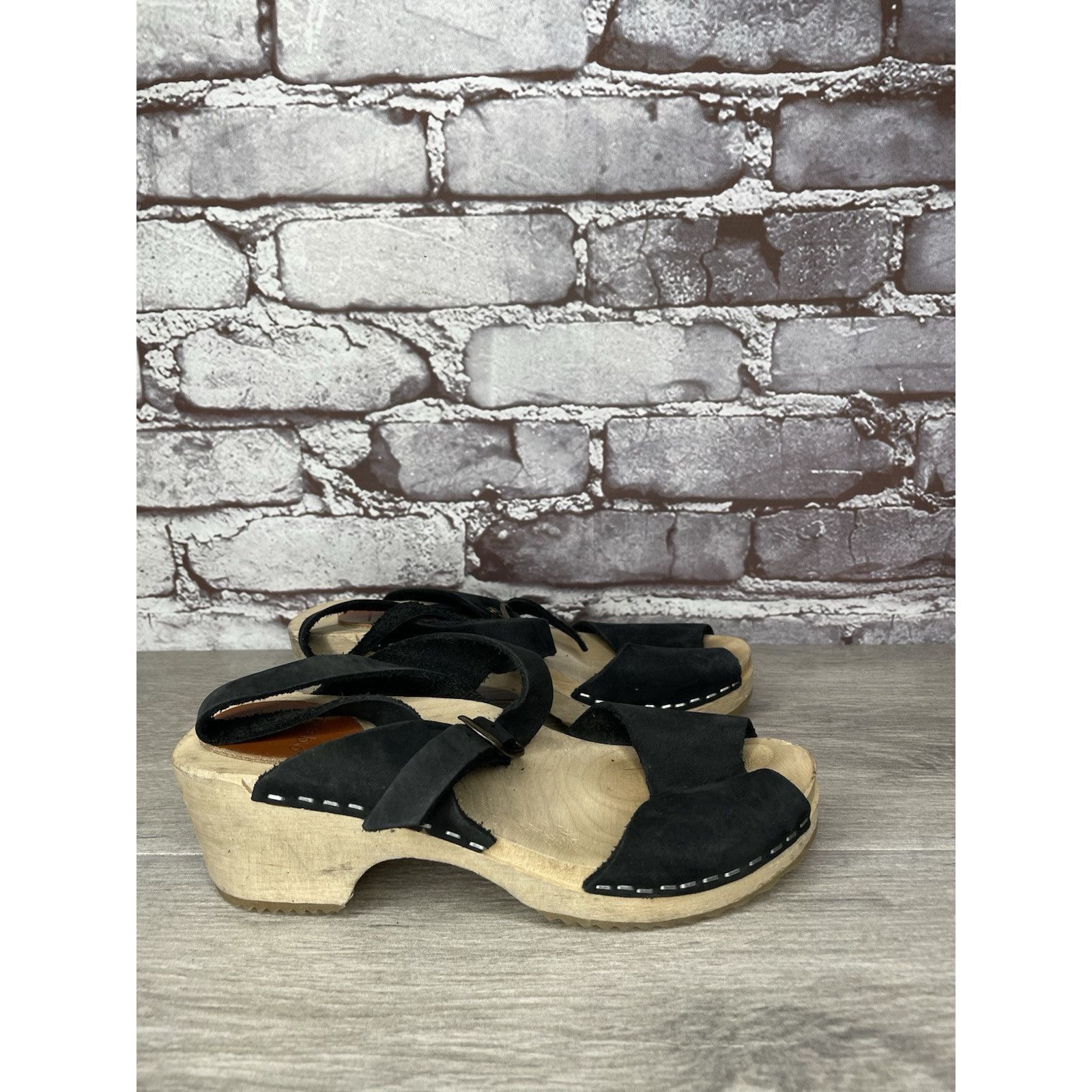 Other Mabo Black Leather Peep Toe Strap Sweden Clogs Heel Sandals Size US 4 / IT 34 - 24 Thumbnail