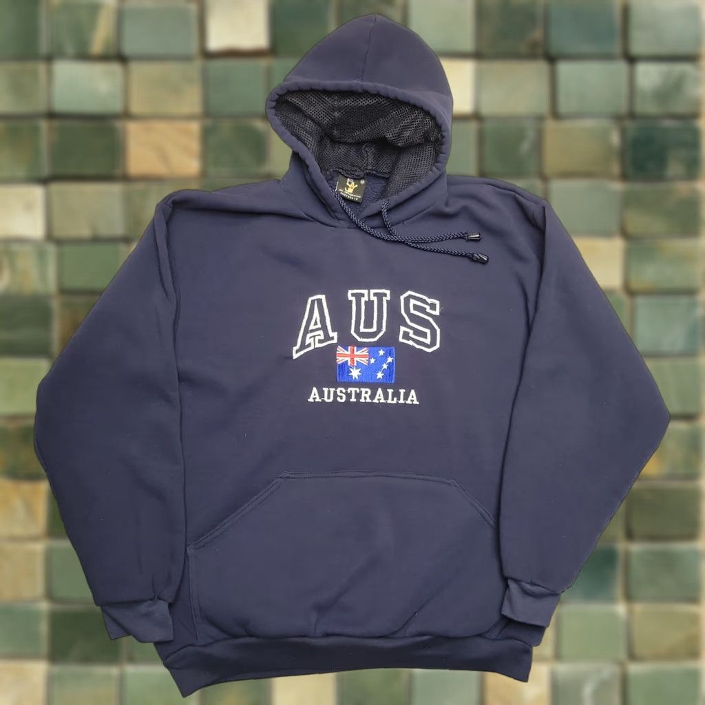 KangaROOS VINTAGE Mr Kangaroo Hoodie Mens M Navy Blue AUS Australia Flag Pullover Blue Cotton Blend Fleece Solid Long Sleeve Pullover Vintage Mens Regular Size US M / EU 48-50 / 2 - 1 Thumbnail