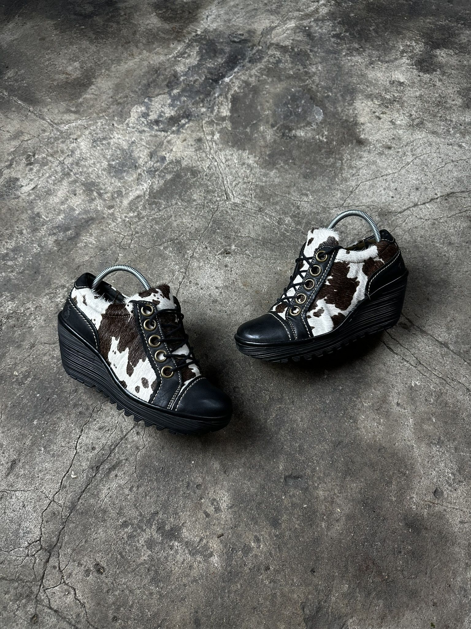 2000s Fly London Cow Fur Avant Garde Platform Shoes
