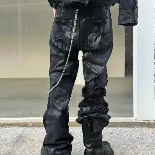 Japanese Brand High Street Ripped Damaged Coatted Wax Baggy Flare Size US 32 / EU 48 - 4 Thumbnail