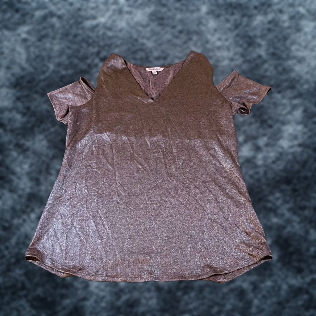 Juicy Couture Juicy Couture Top Womens Medium Rose Gold Metallic Shimmer V-Neck Cold Shoulder Short Sleeve Pullover Knit Polyester Spandex Casual Party Cocktail Size M / US 6-8 / IT 42-44 - 1 Thumbnail