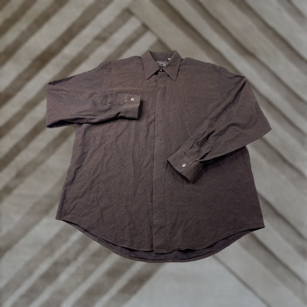 VINTAGE Versace Dress Shirt Men Size 16.5/42 Brown Cotton Blend Barrel Cuff Button Collared Classic 16.5 Regular All Seasons Medusa Buttons Vintage