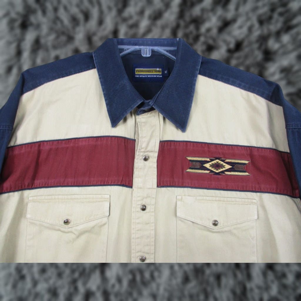 Vintage Panhandle Slim Mens XL Western Shirt Tan Navy Pearl Snap Aztec Embroidery Geometric Southwestern Embroidered Size US XL / EU 56 / 4 - 1 Thumbnail