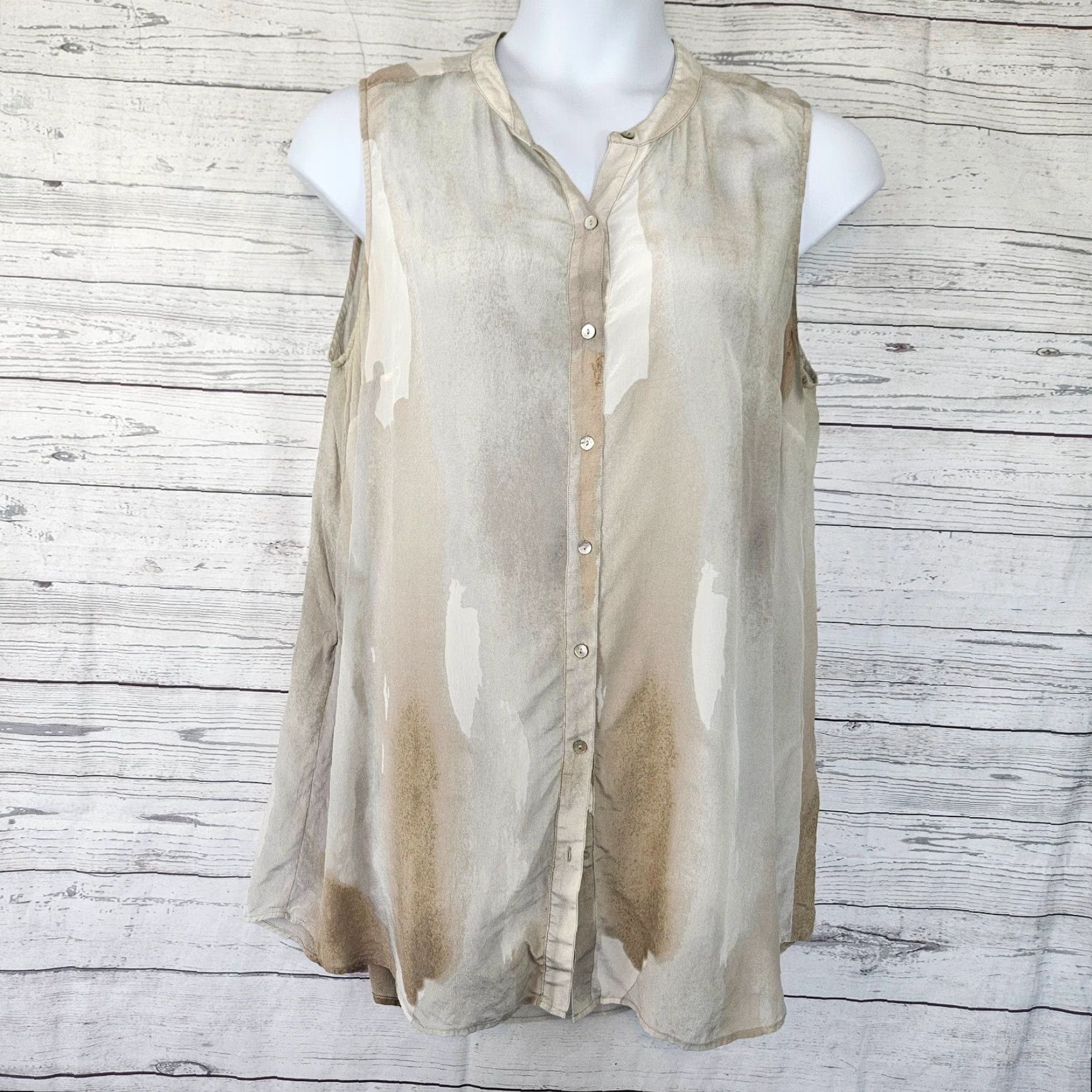 Eileen Fisher Eileen Fisher Silk Tunic Top 1X Womens Button Front Sleeveless Gray Brown Tunic Size XL / US 12-14 / IT 48-50 - 2 Thumbnail
