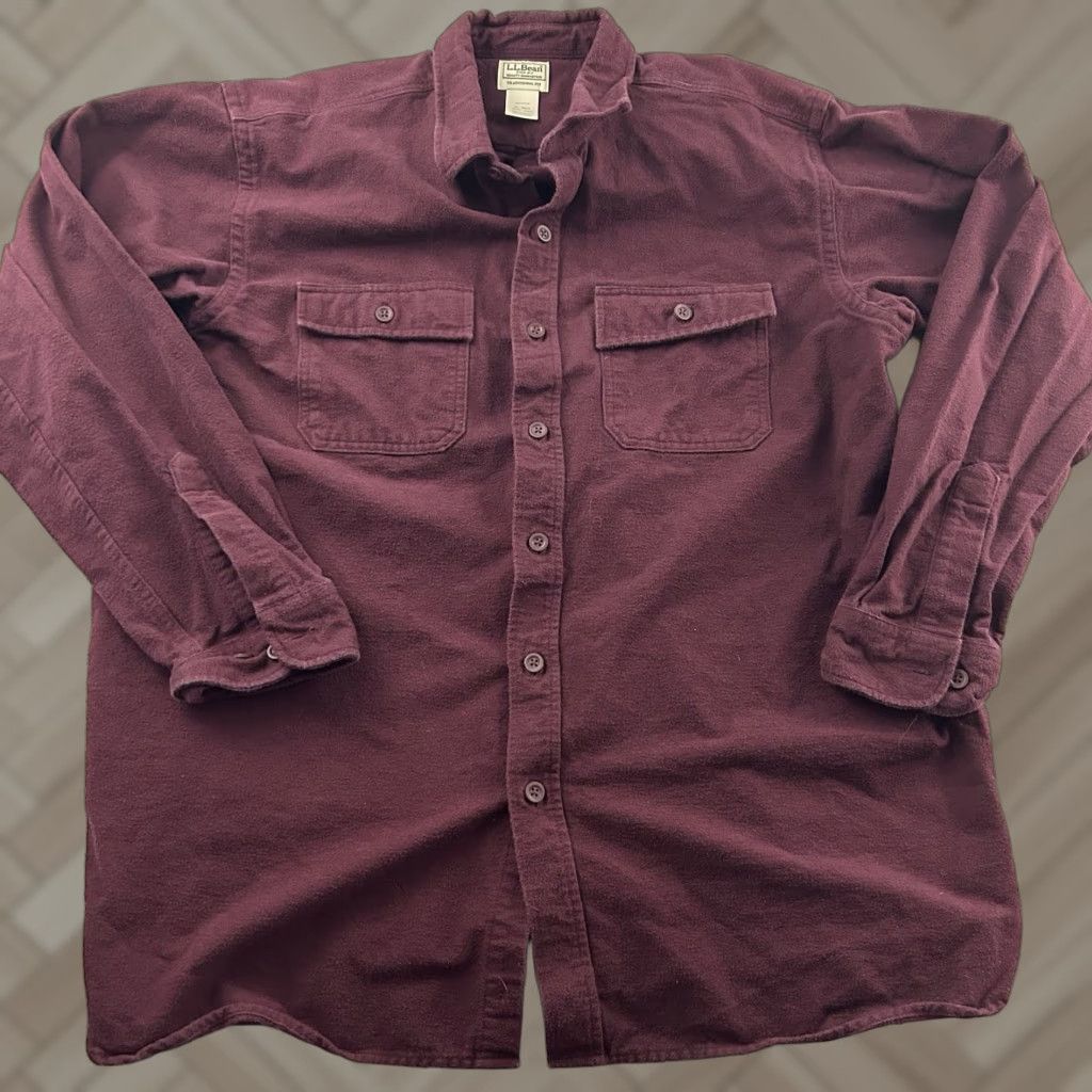 Vintage L.L. Bean Traditional Fit Heavy Chamois Button Front Shirt Mens XL Reg Maroon Size US XL / EU 56 / 4 - 1 Thumbnail