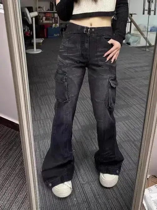 Black Flare Slim Jeans Multiple Pockets