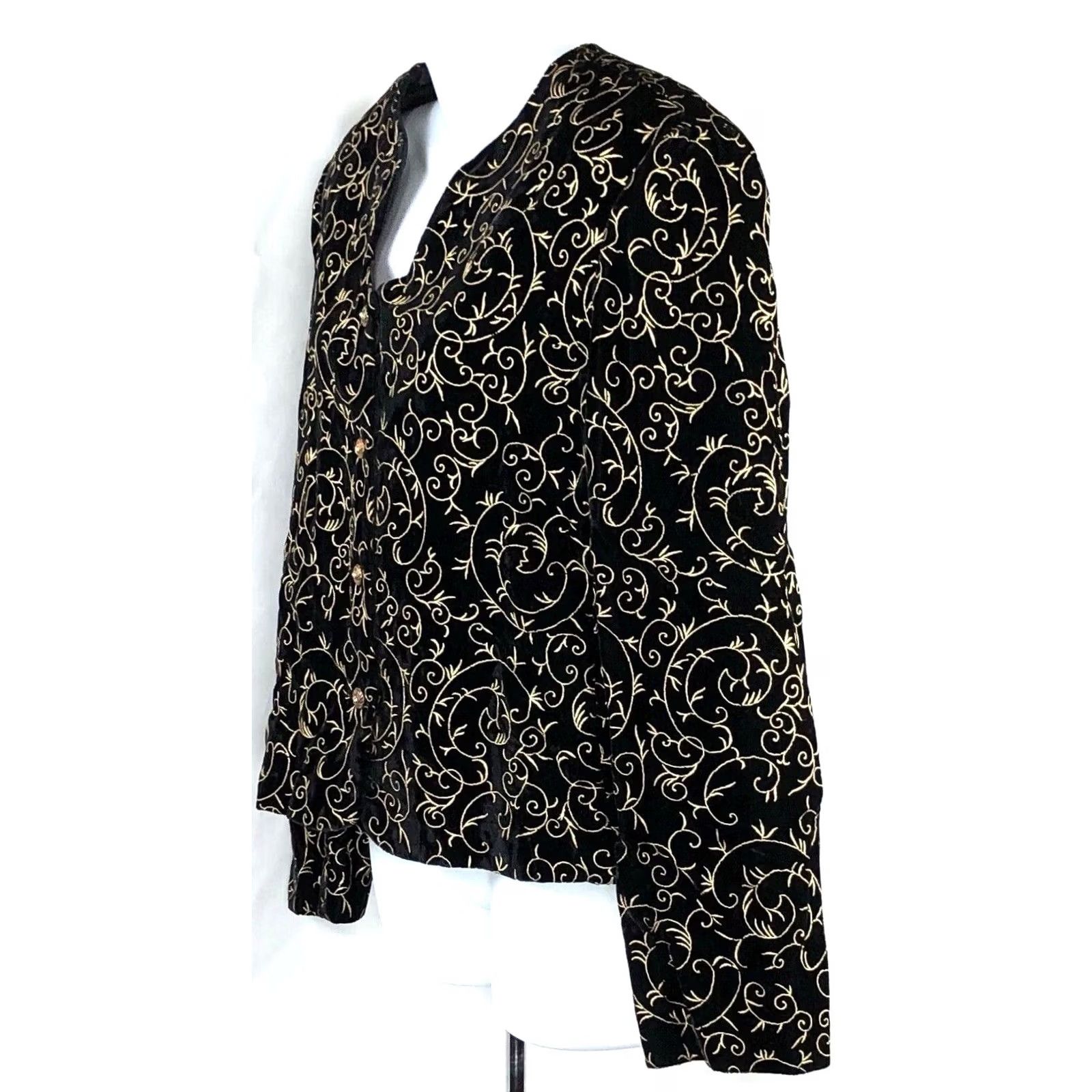 Vintage Norton McNaughton Jacket Womens 12 Black Velvet Blazer Gold BIK Embroidered Jewel Button Size XL / US 12-14 / IT 48-50 - 2 Thumbnail