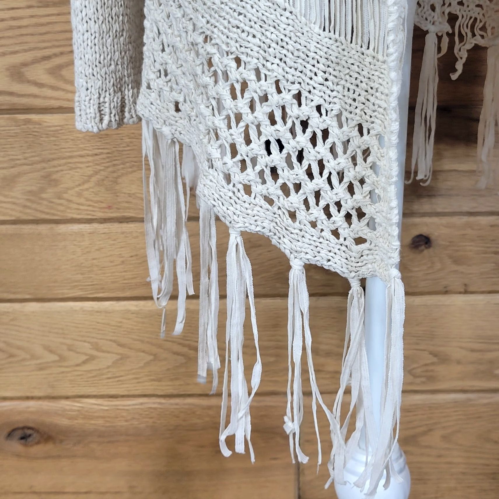 Vintage One Love Womens Top Long Sleeve Fringe Knit Open Cardigan Sweater Beige M Size M / US 6-8 / IT 42-44 - 3 Thumbnail