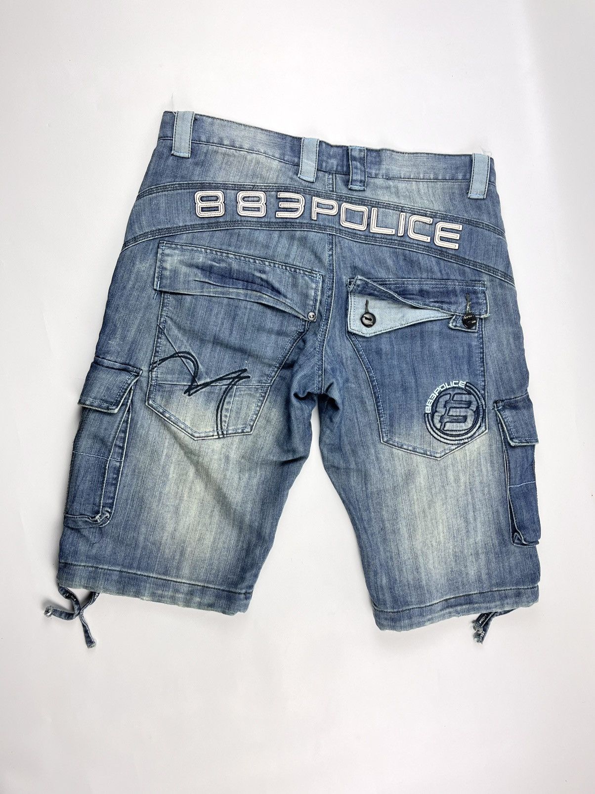 Police 883 cargo denim shorts faded distressed multipocket