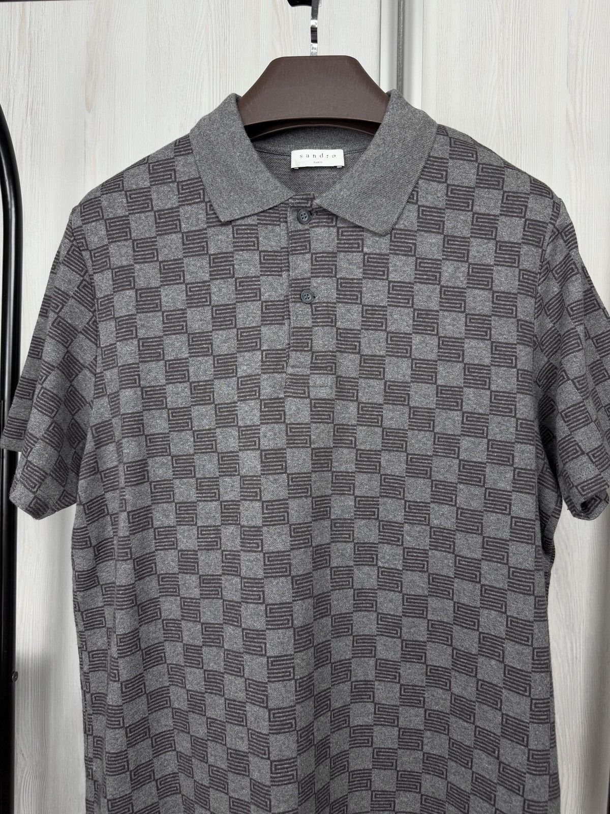 Sandro Sandro Grey Check Print Cotton Pique Polo T-Shirt L-XL Size US XL / EU 56 / 4 - 3 Thumbnail