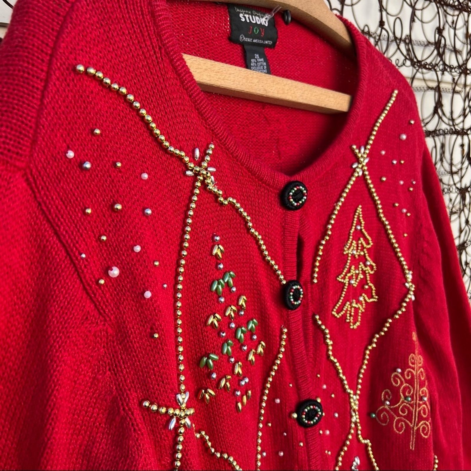 Vintage 90s red button down Ugly Christmas cardigan beaded trees Size XXL / US 16-18 / IT 52-54 - 2 Thumbnail