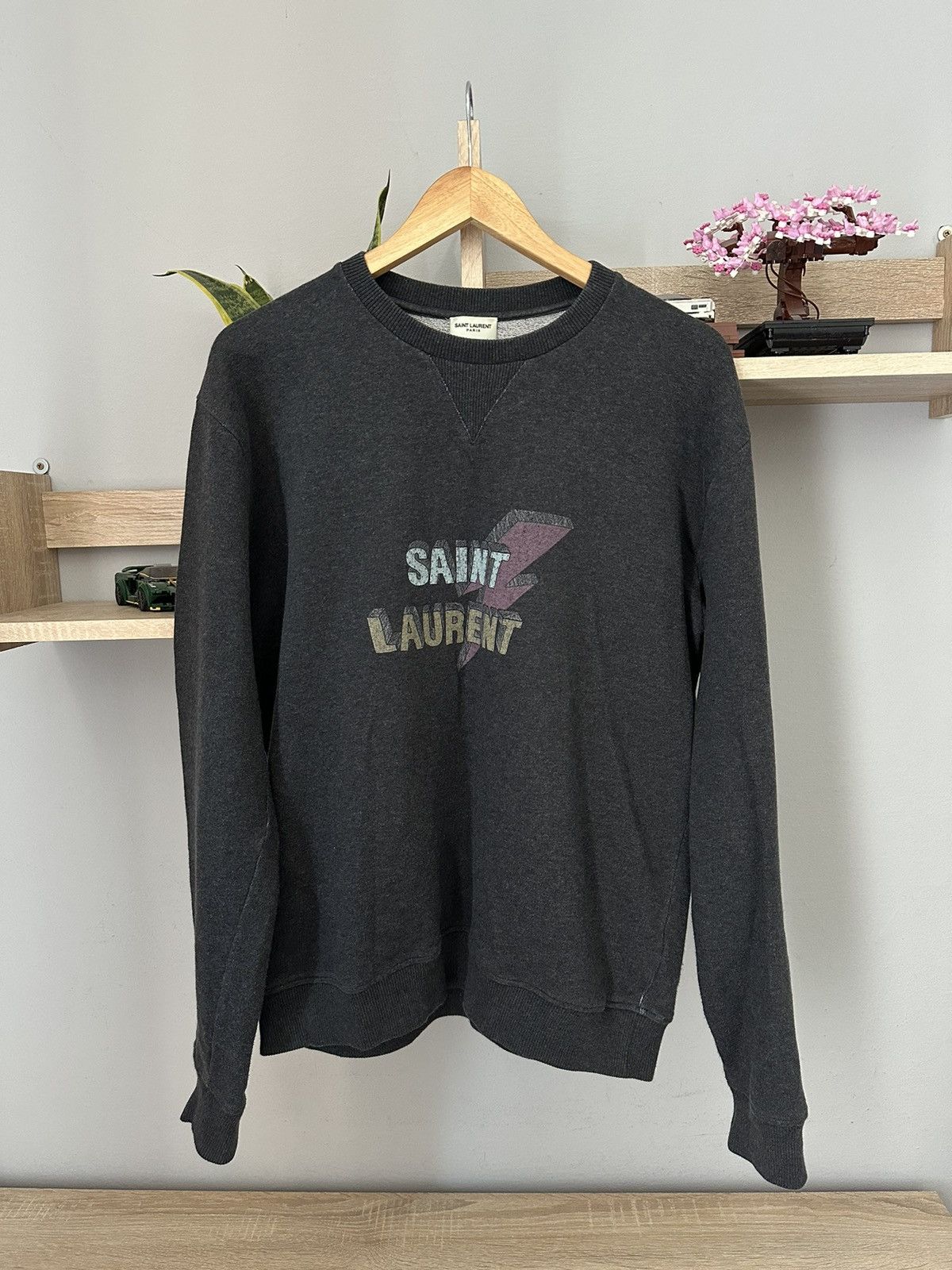 image of Hedi Slimane x Saint Laurent Paris Lightning Bolt Crewneck in Grey, Men's (Size 2XL)