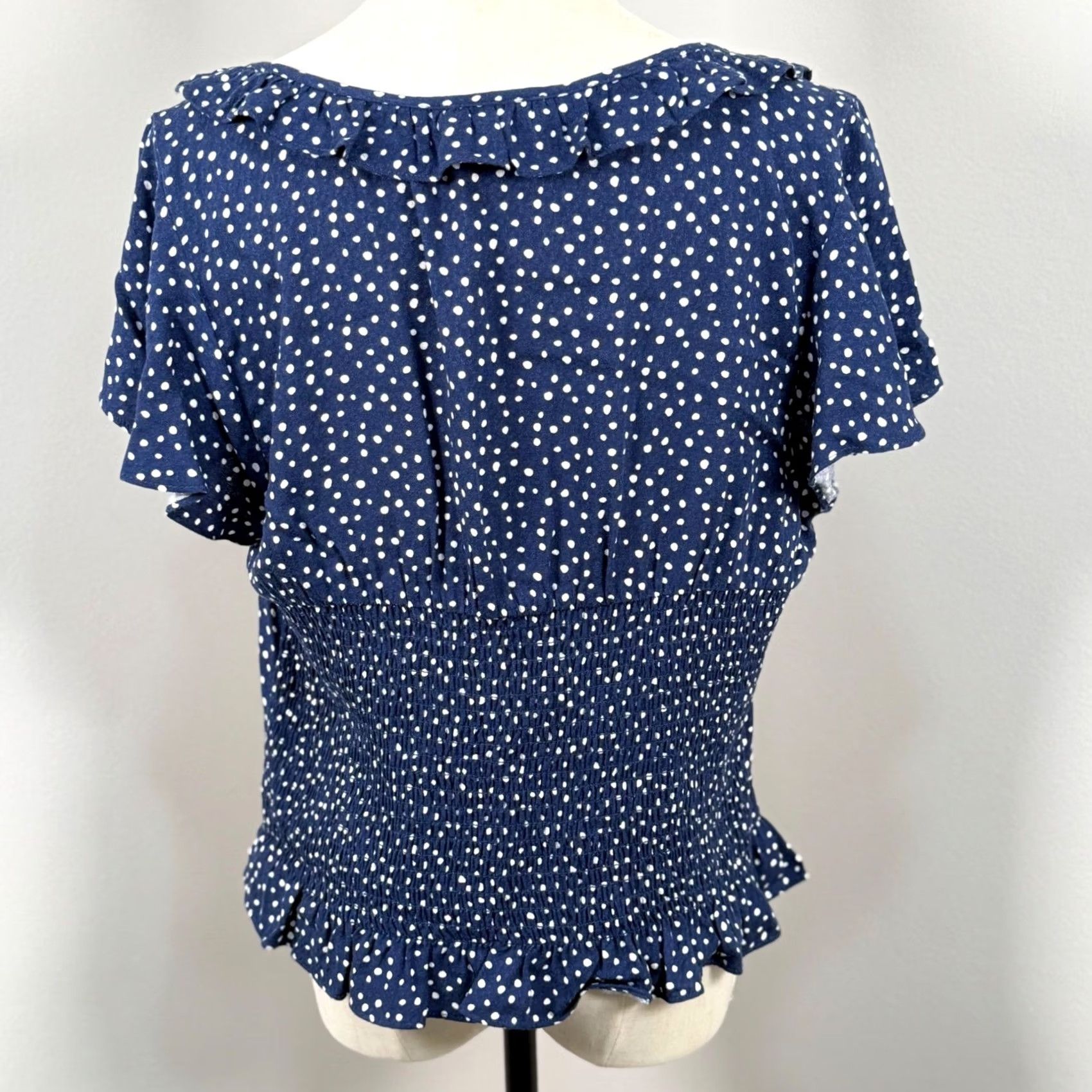 Vintage A. Byer Blouse Navy Polka Dot Ruffle Smocked Rockabilly Retro Nautical Womens XL Casual Shirt Size XXL / US 16-18 / IT 52-54 - 3 Thumbnail