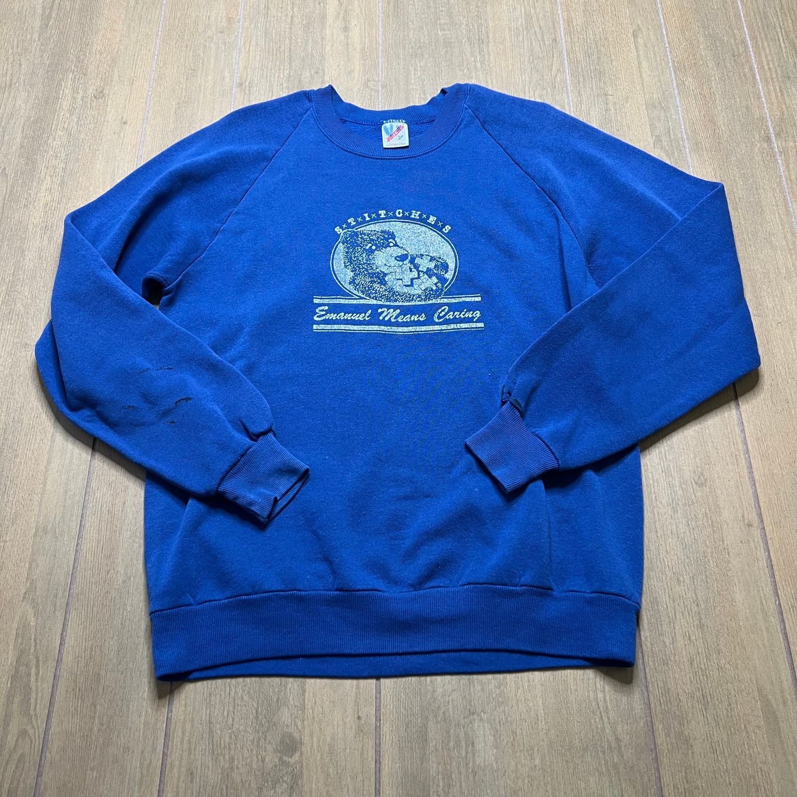Jerzees Vintage 90s blue crewneck Sweater Sz L Emanuel Means Caring" Size US L / EU 52-54 / 3 - 1 Thumbnail