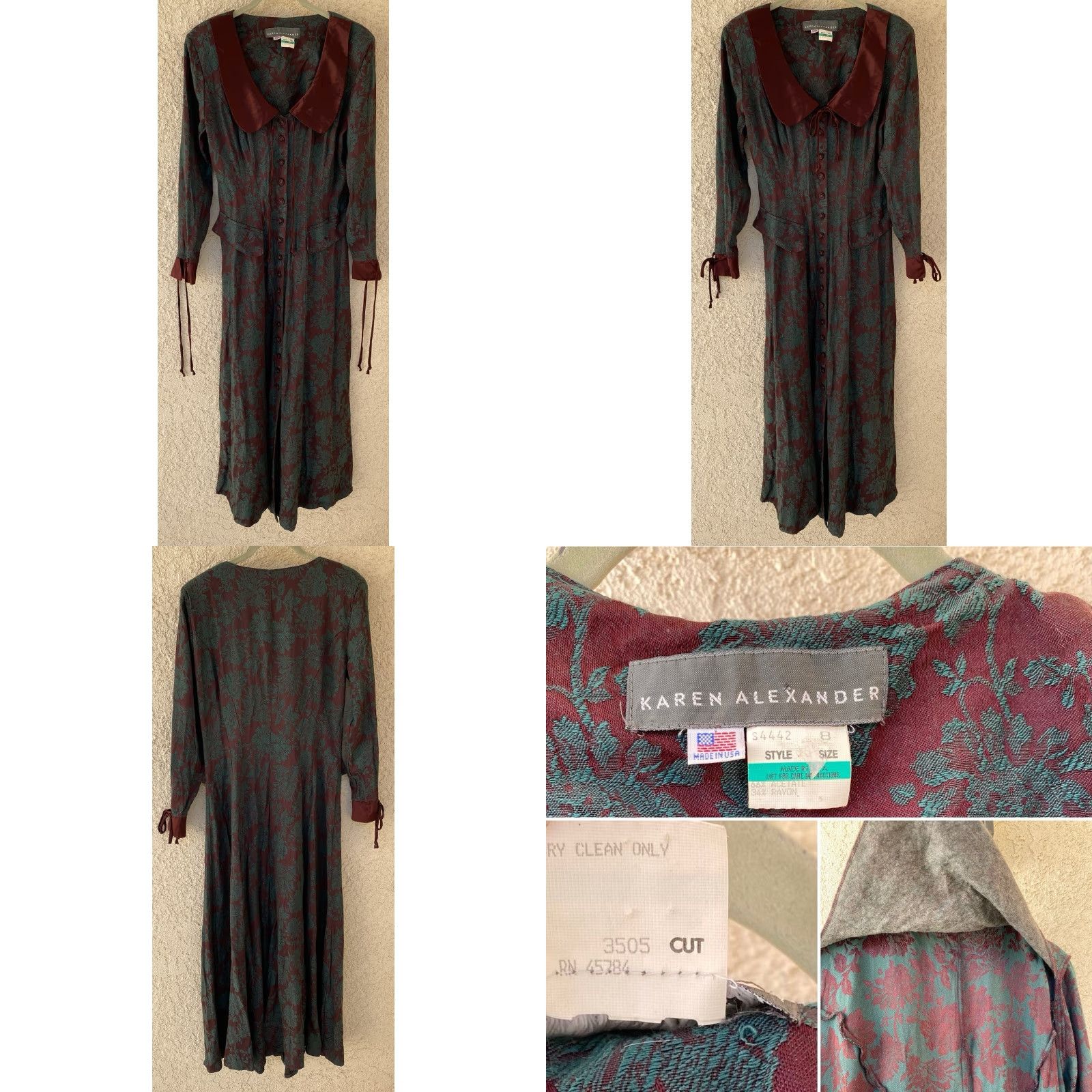 VINTAGE Karen Alexander Maxi Dress 1980s 1990s Floral Jacquard Burgundy Green USA 8 Red Bohemian Shirt?