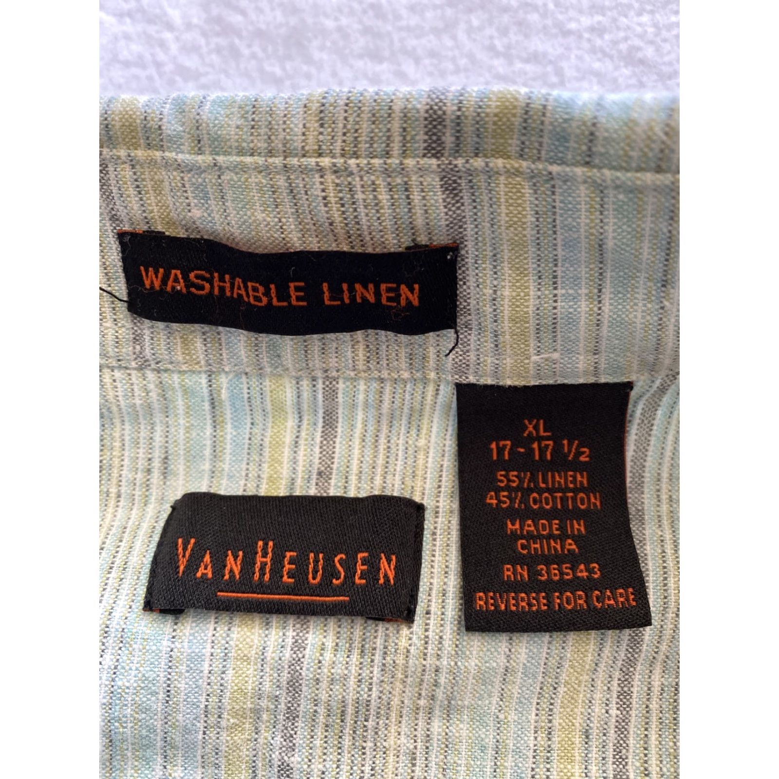 Van Heusen Van Heusen Men's XL Short Sleeve Button-Up Shirt - Sage Green Striped Like / 15-19 / Regular Fit / Button-Down Collar - Cotton-Polyester Size US XL / EU 56 / 4 - 4 Thumbnail
